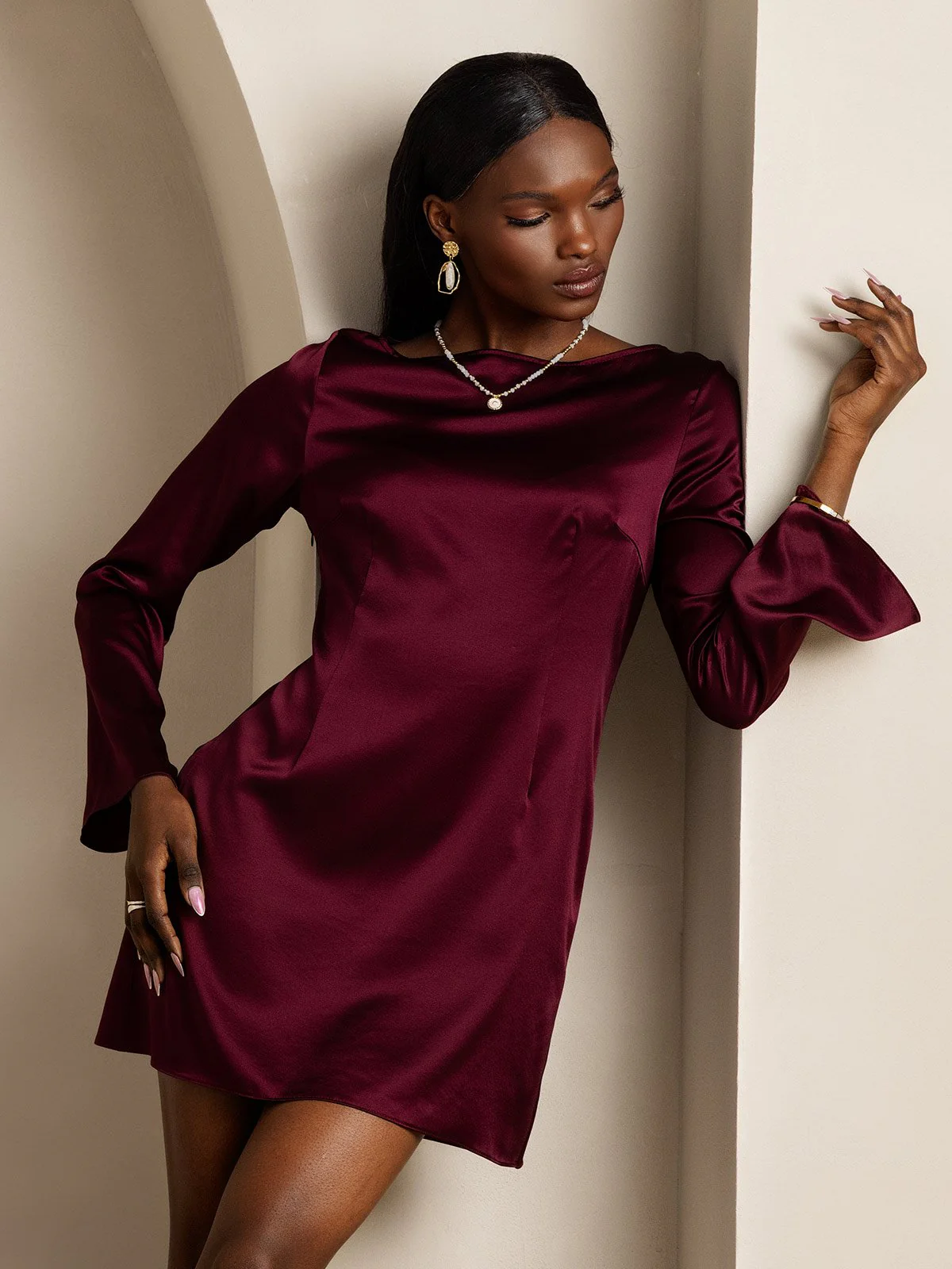 19Momme Silk Long Sleeve Boat Neck Short Dress - Image 17