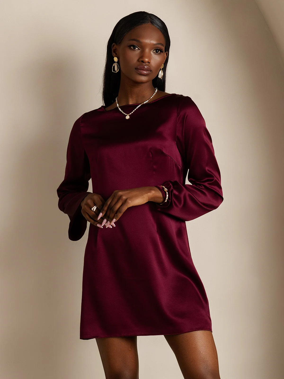 19Momme Silk Long Sleeve Boat Neck Short Dress - Image 19