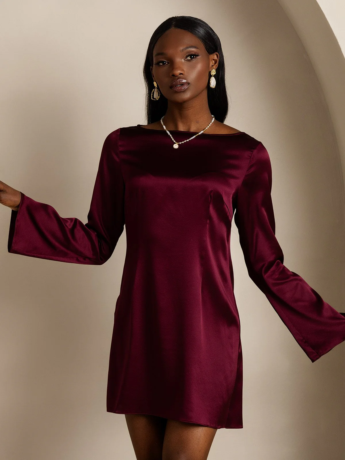 19Momme Silk Long Sleeve Boat Neck Short Dress - Image 20
