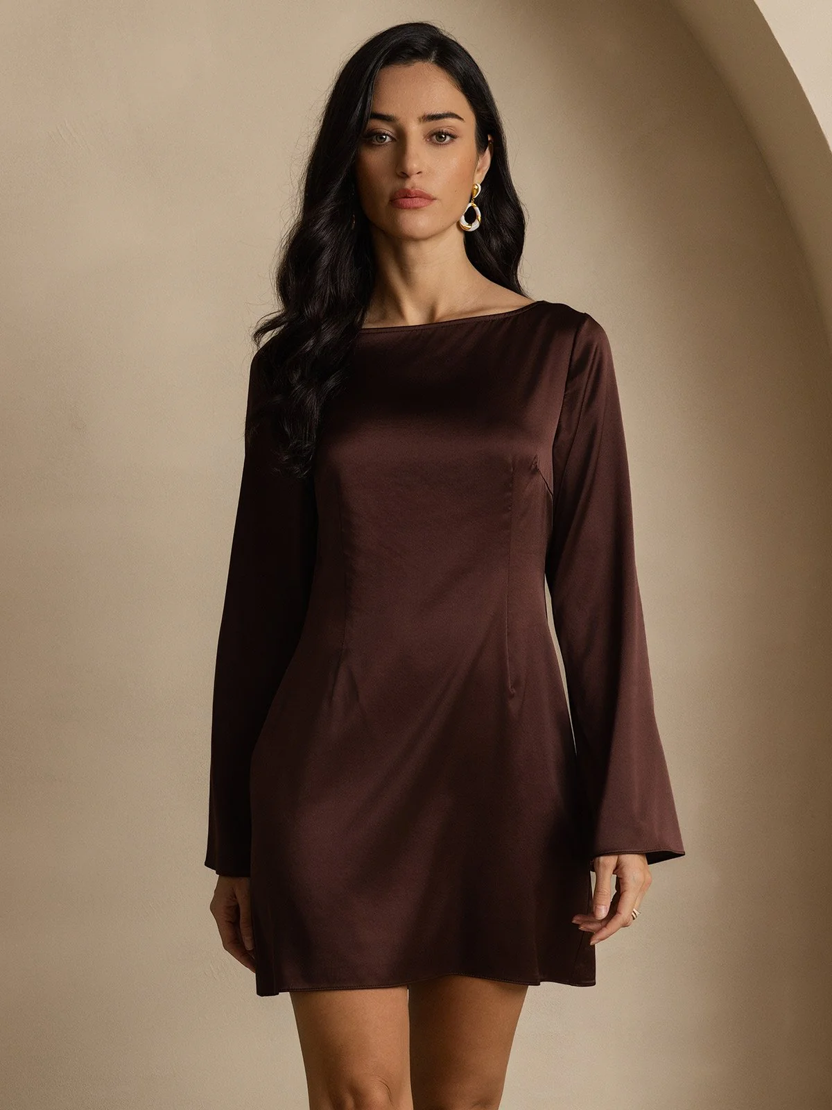 19Momme Silk Long Sleeve Boat Neck Short Dress - Image 5
