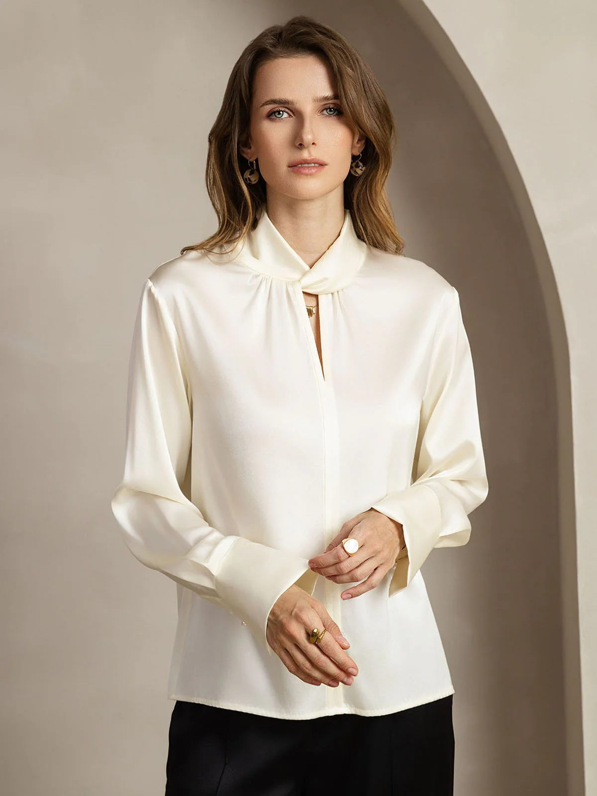 19Momme Silk Keyhole Neck Blouse with Pearl Buttons - Image 17