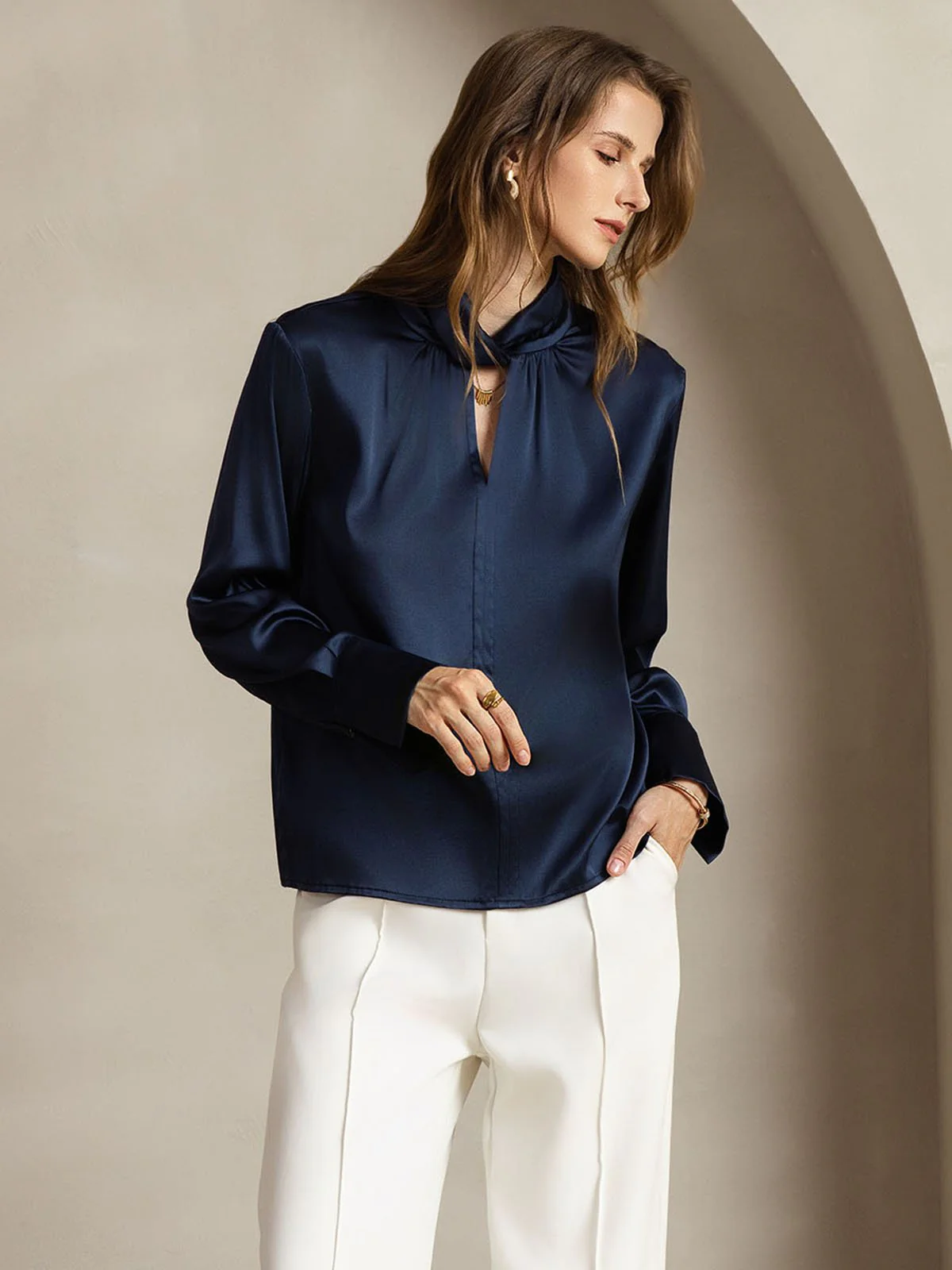 19Momme Silk Keyhole Neck Blouse with Pearl Buttons - Image 30