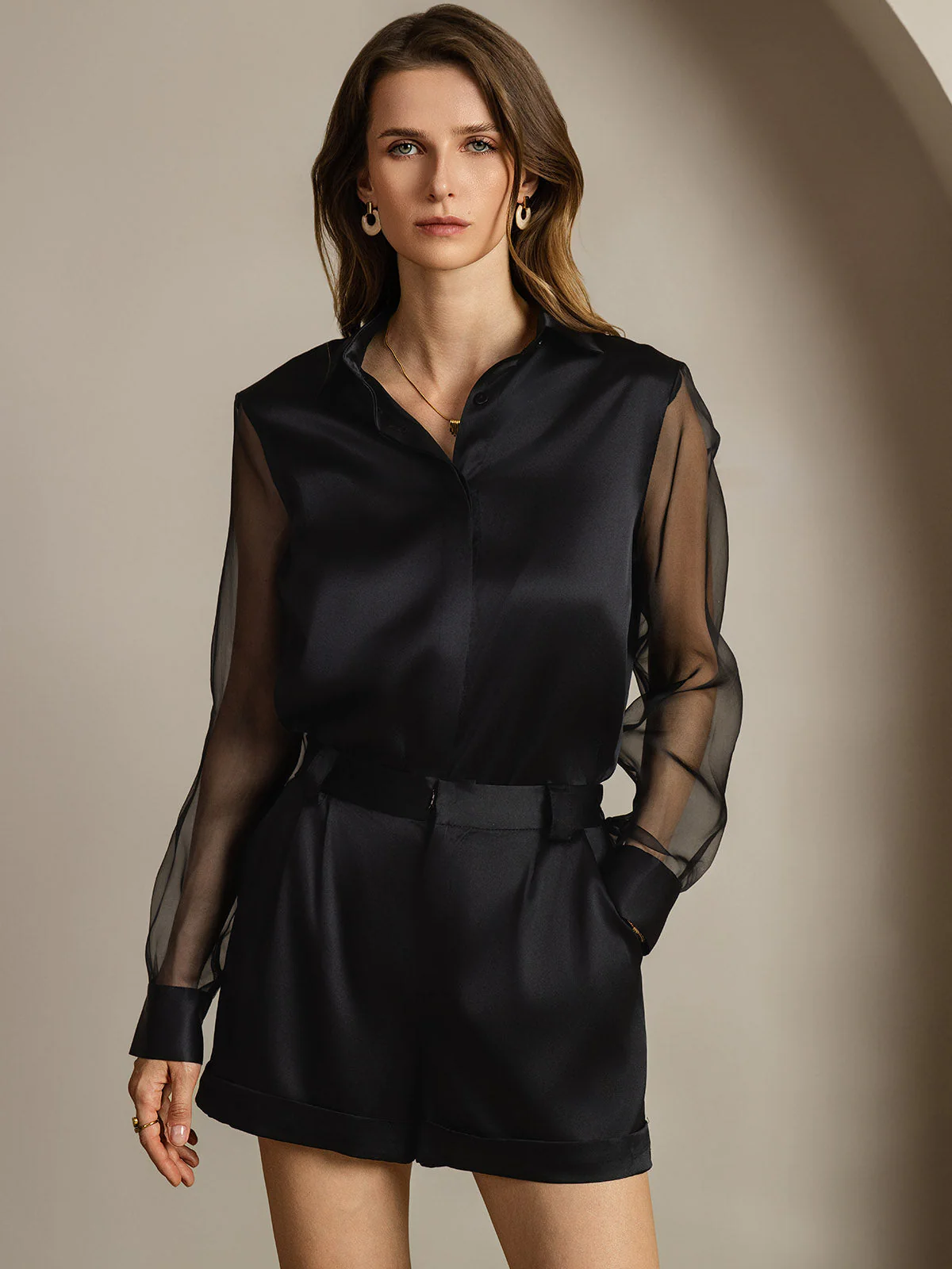 Women's 19Momme Silk Sheer Sleeve Lapel Collar Shirt - Image 5