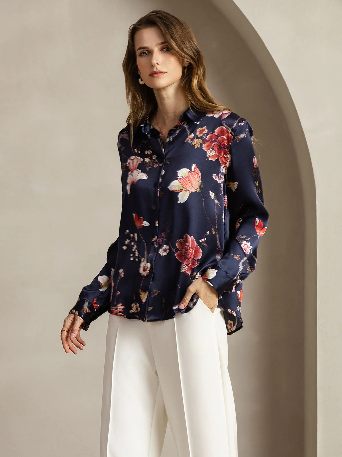 19Momme Silk Navy Floral Print Long Sleeve Lapel Collar Women's Shirt - Image 4