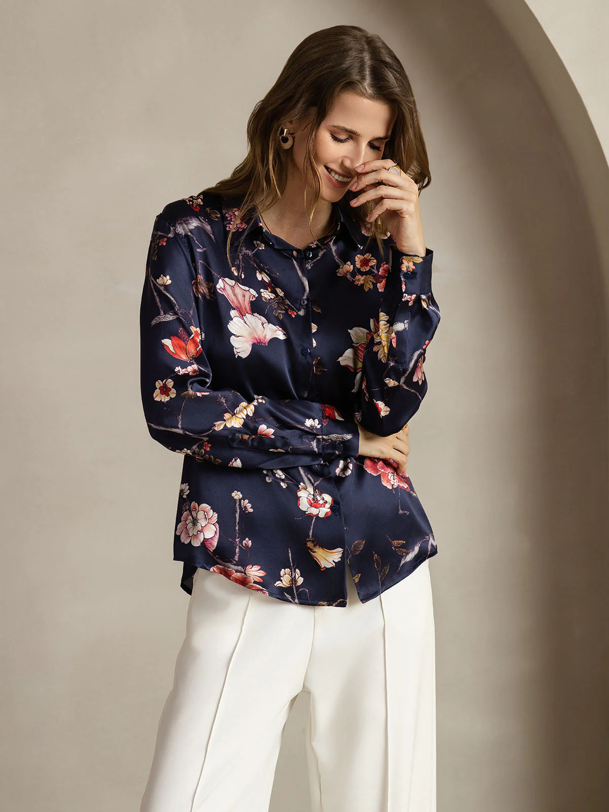 19Momme Silk Navy Floral Print Long Sleeve Lapel Collar Women's Shirt - Image 5