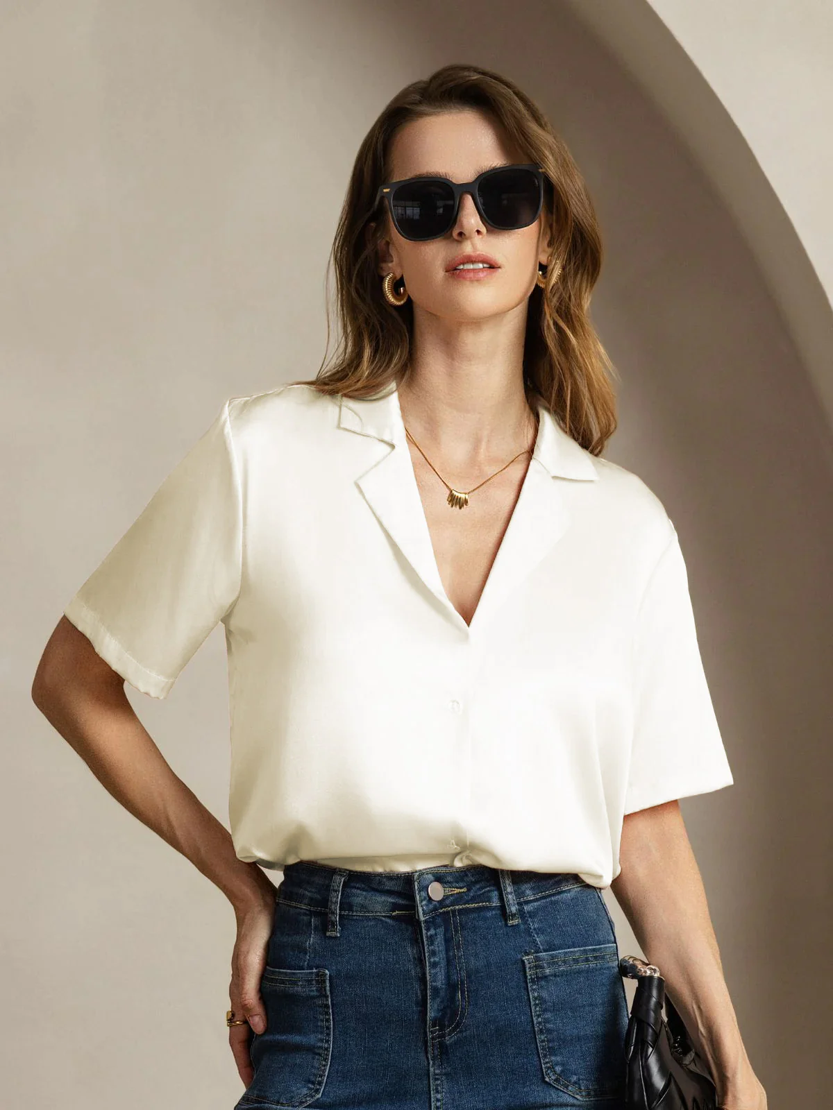 19Momme Silk Short Sleeve Notched Lapel Women's Shirt with Button Up Design - Image 10