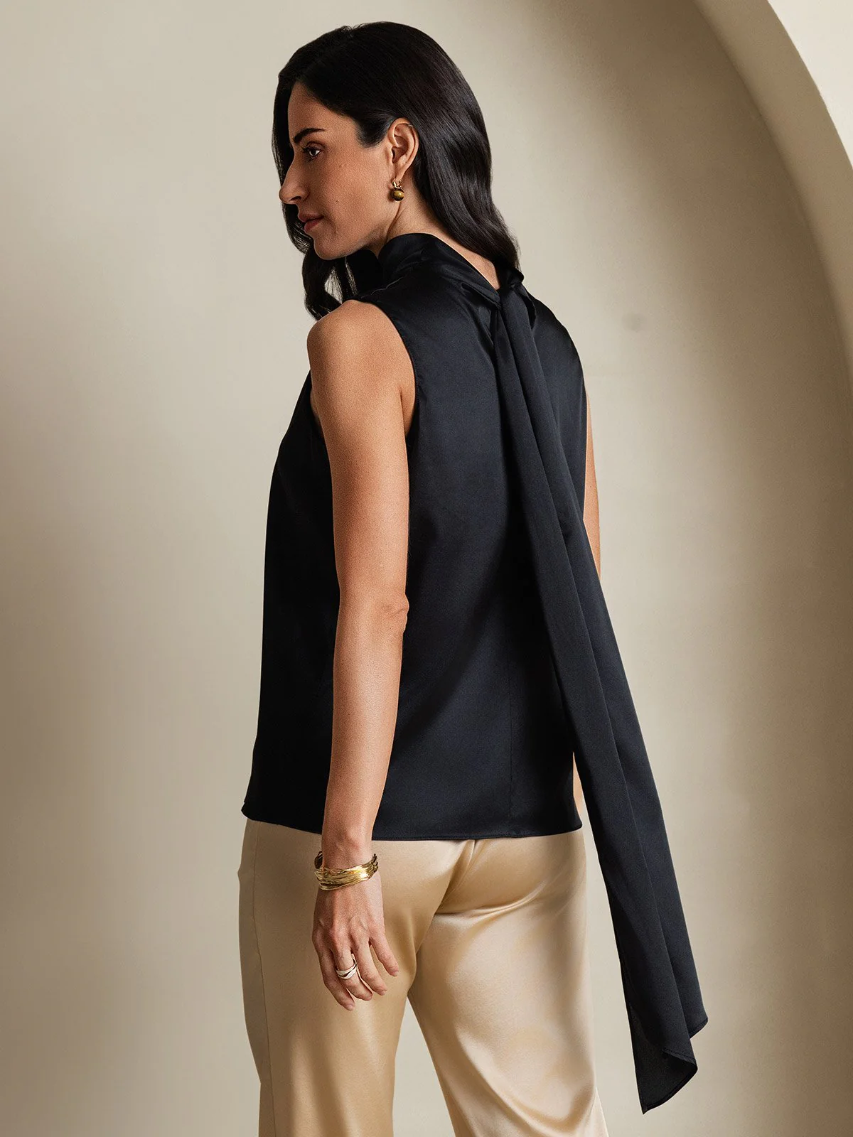 19Momme Silk Sleeveless Tie Neck Blouse - Image 13