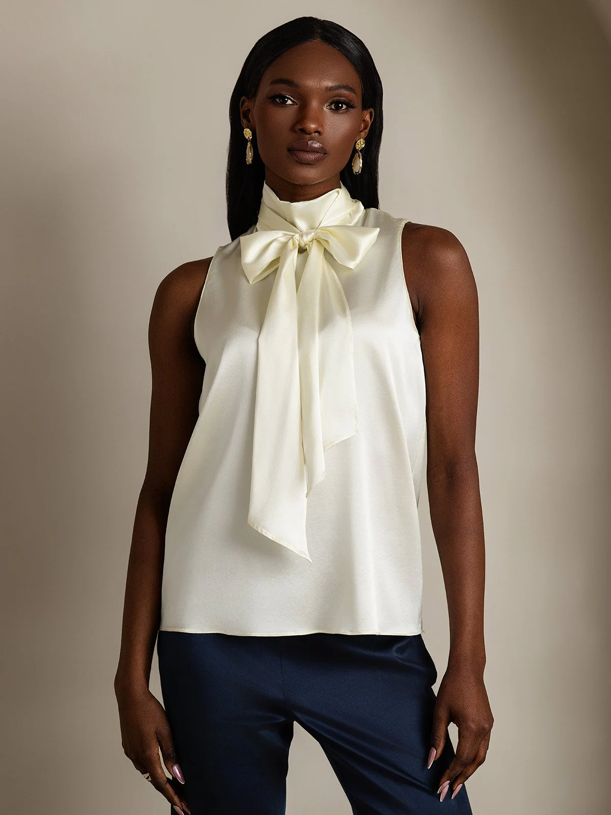 19Momme Silk Sleeveless Tie Neck Blouse - Image 21