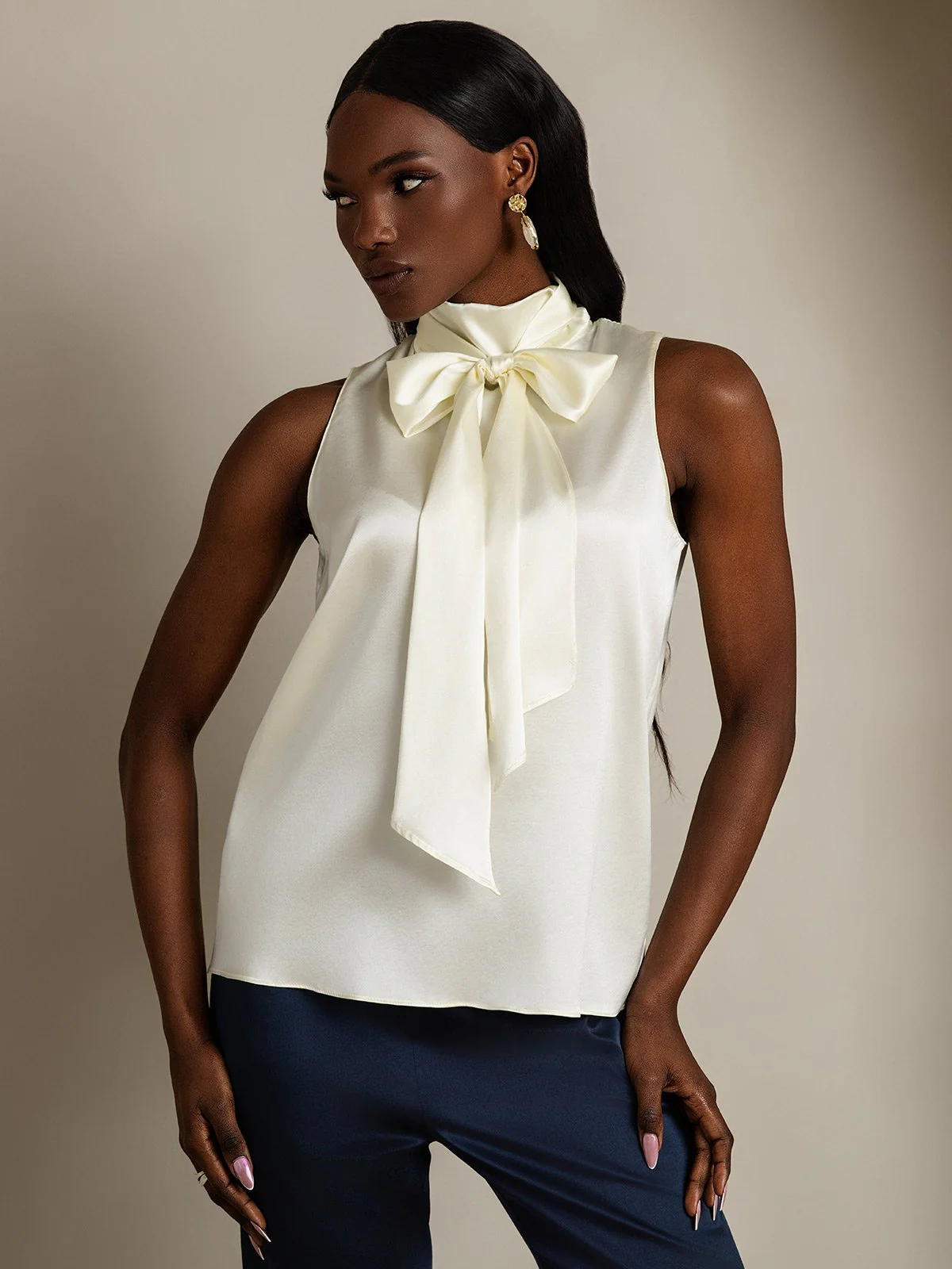 19Momme Silk Sleeveless Tie Neck Blouse - Image 23