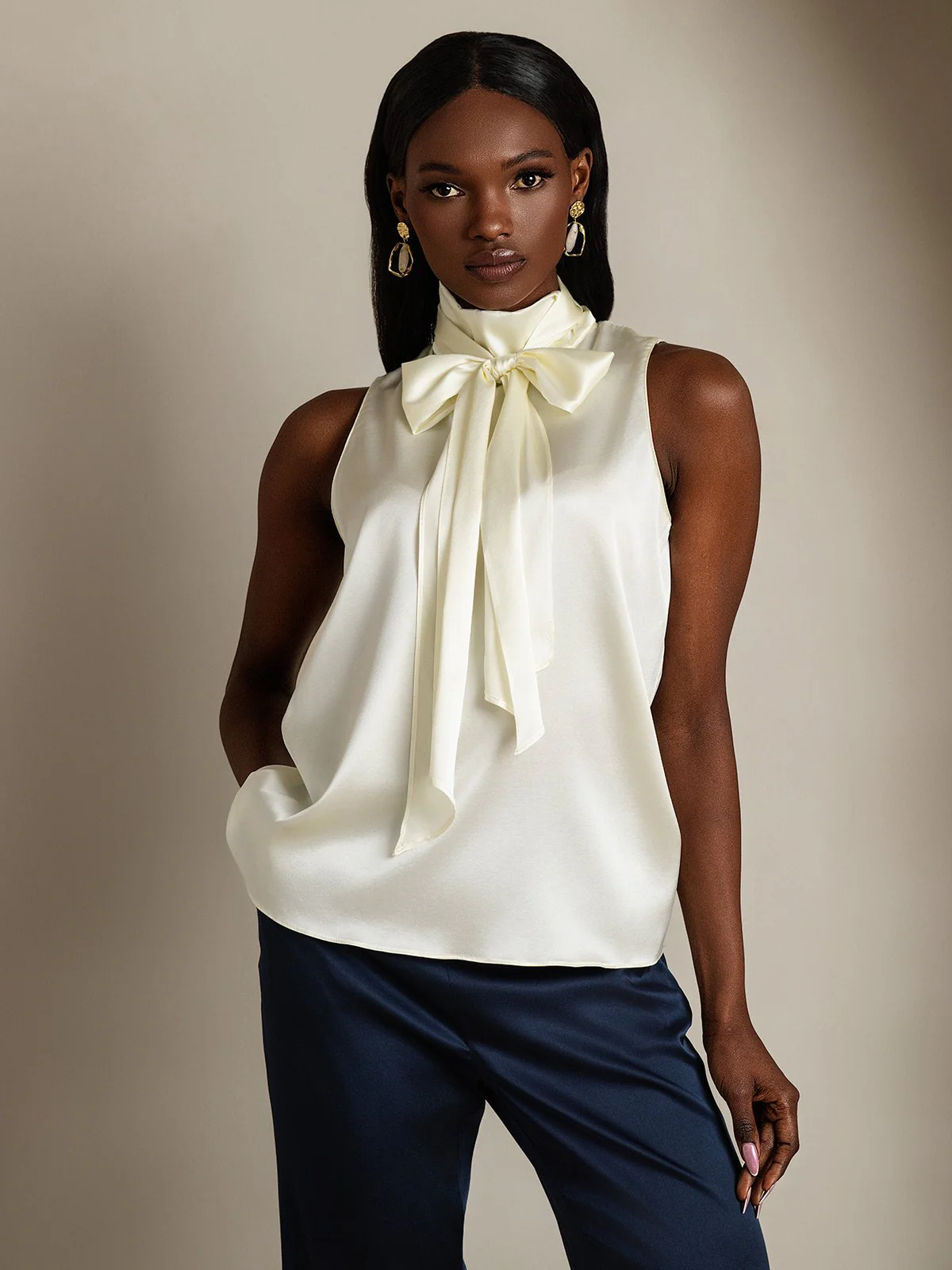 19Momme Silk Sleeveless Tie Neck Blouse - Image 24