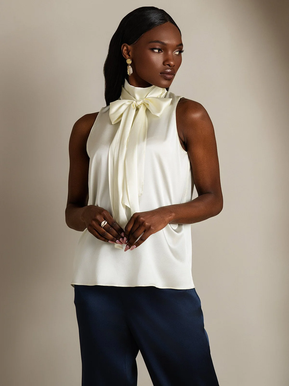 19Momme Silk Sleeveless Tie Neck Blouse - Image 25