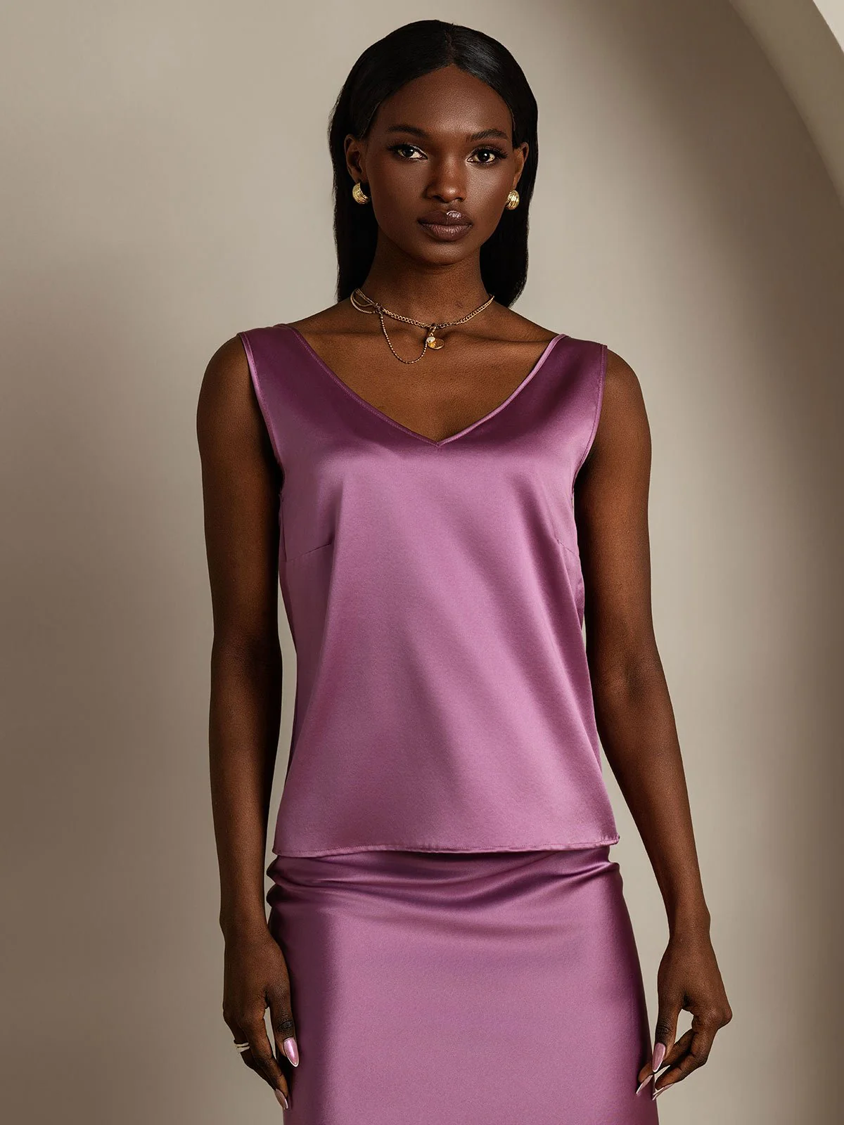 19Momme Silk Sleeveless V Neck Women's Tank Top with V Back Design - Image 51
