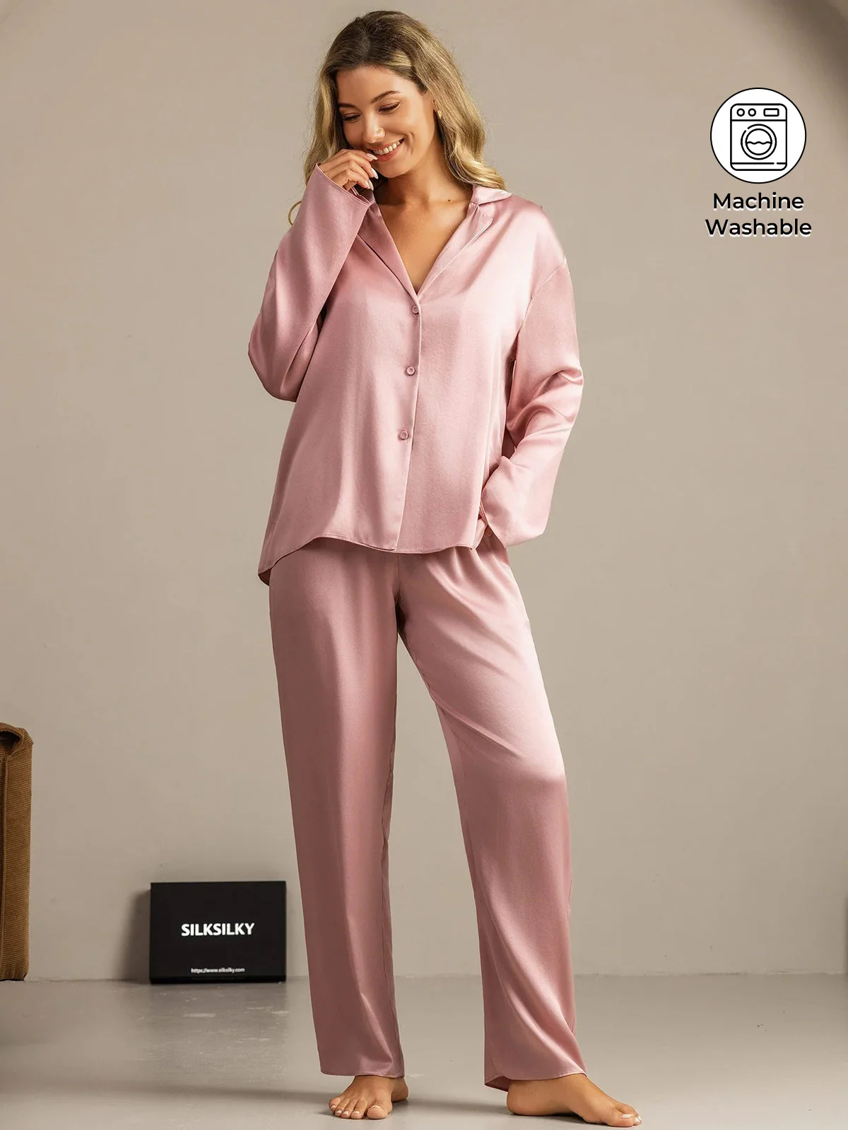 19Momme Washable Silk Long Sleeve Notch Collar Women's Pajamas Set - Image 17