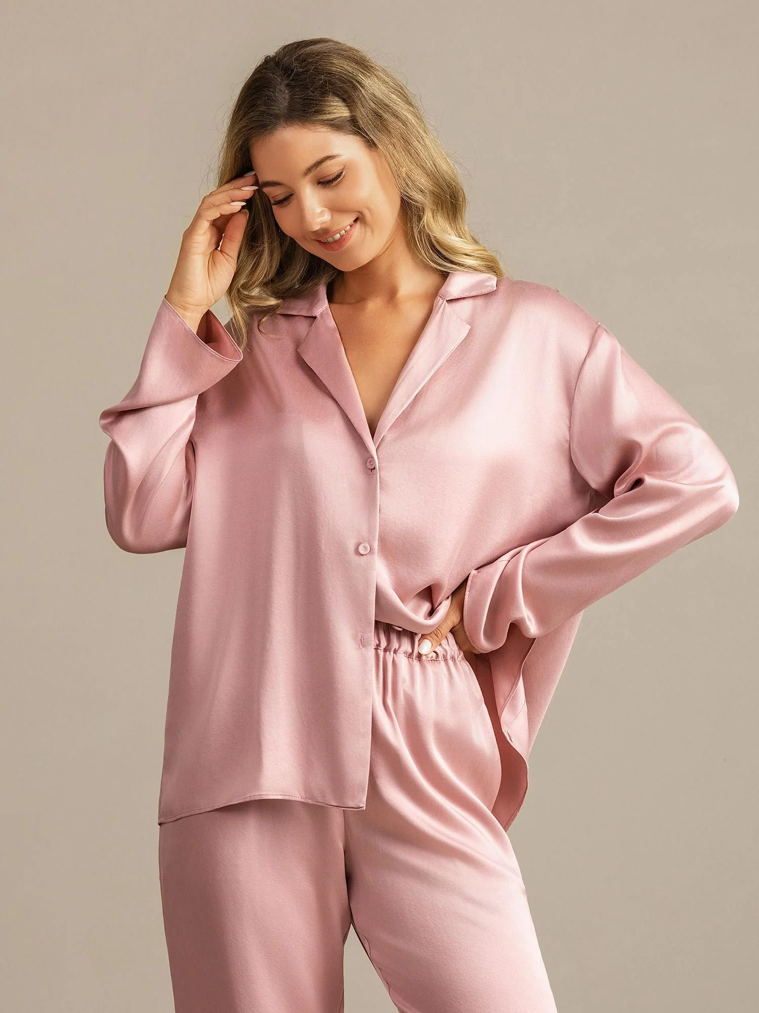 19Momme Washable Silk Long Sleeve Notch Collar Women's Pajamas Set - Image 23