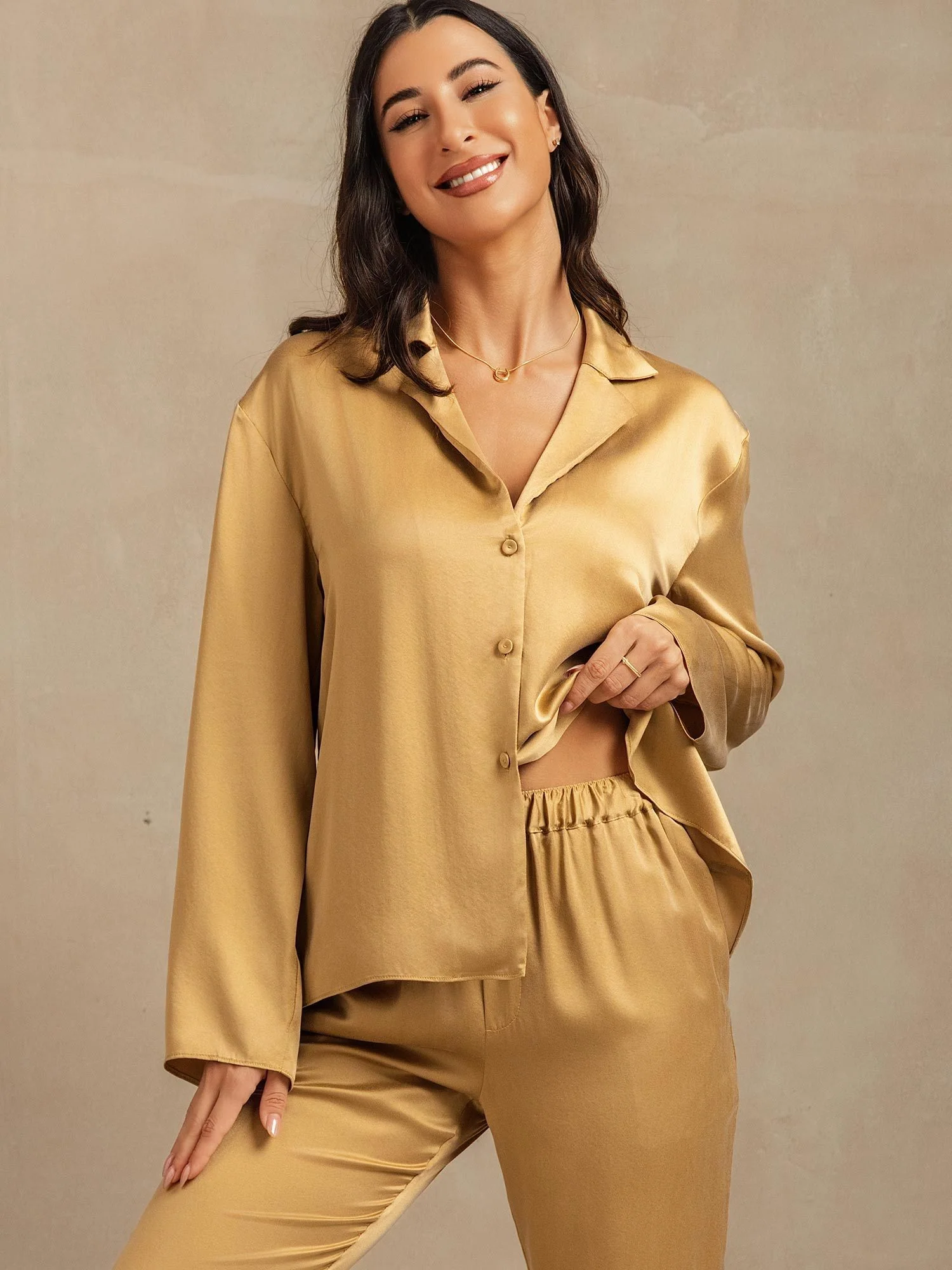 19Momme Washable Silk Long Sleeve Notch Collar Women's Pajamas Set - Image 31