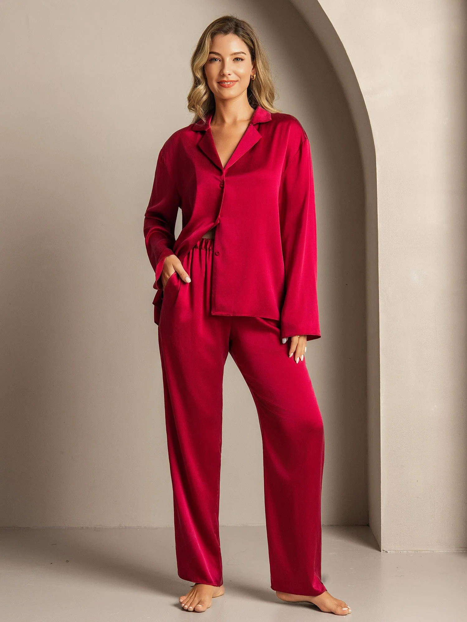19Momme Washable Silk Long Sleeve Notch Collar Women's Pajamas Set - Image 37