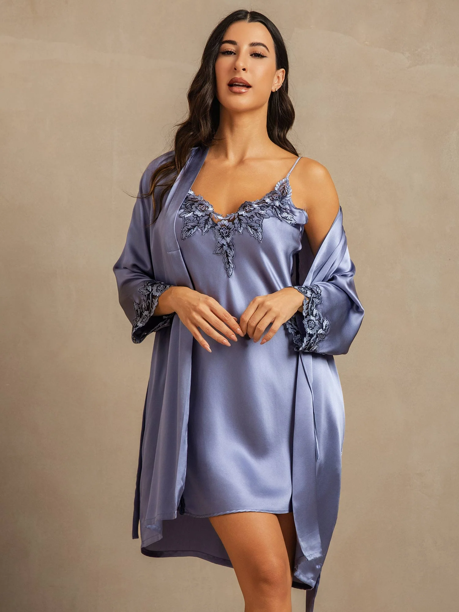 Pure Silk Spaghetti Strap Lace Nightgown & Robe Set - Image 13
