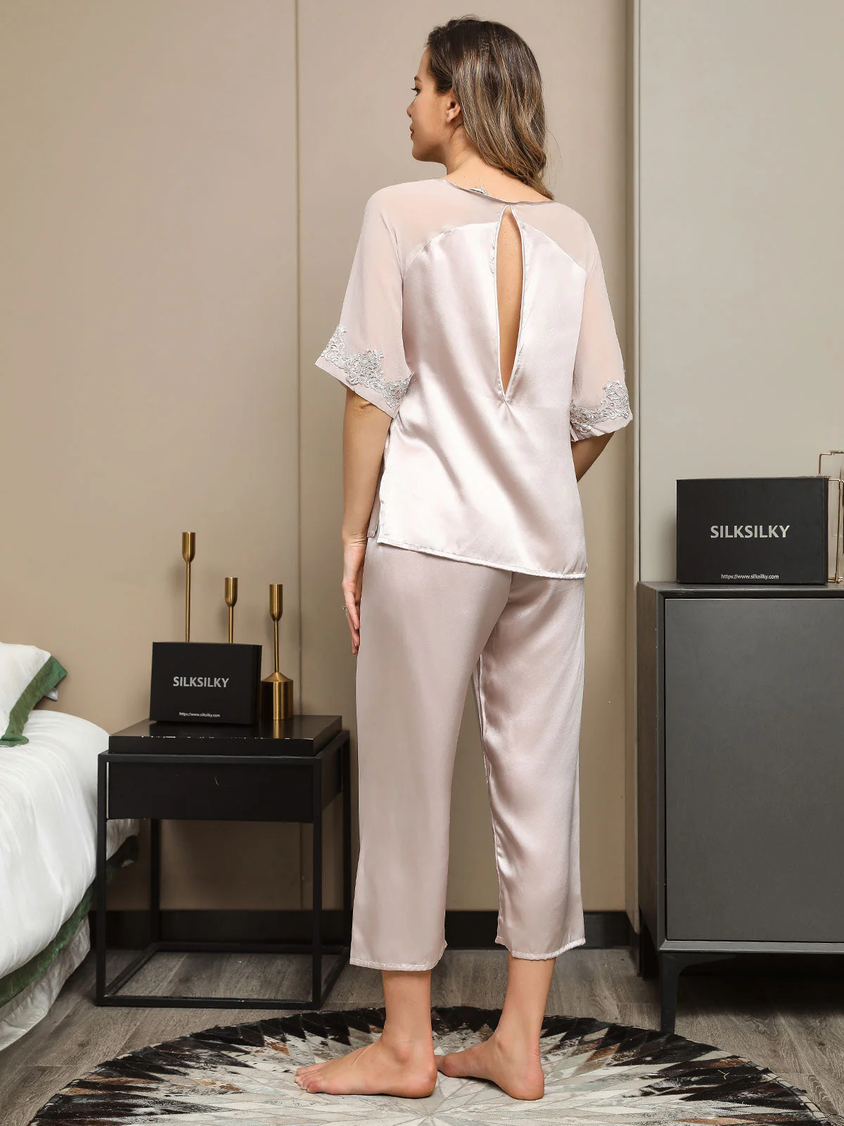 2Pcs Pure Silk Slit Back Pajamas Set - Image 11