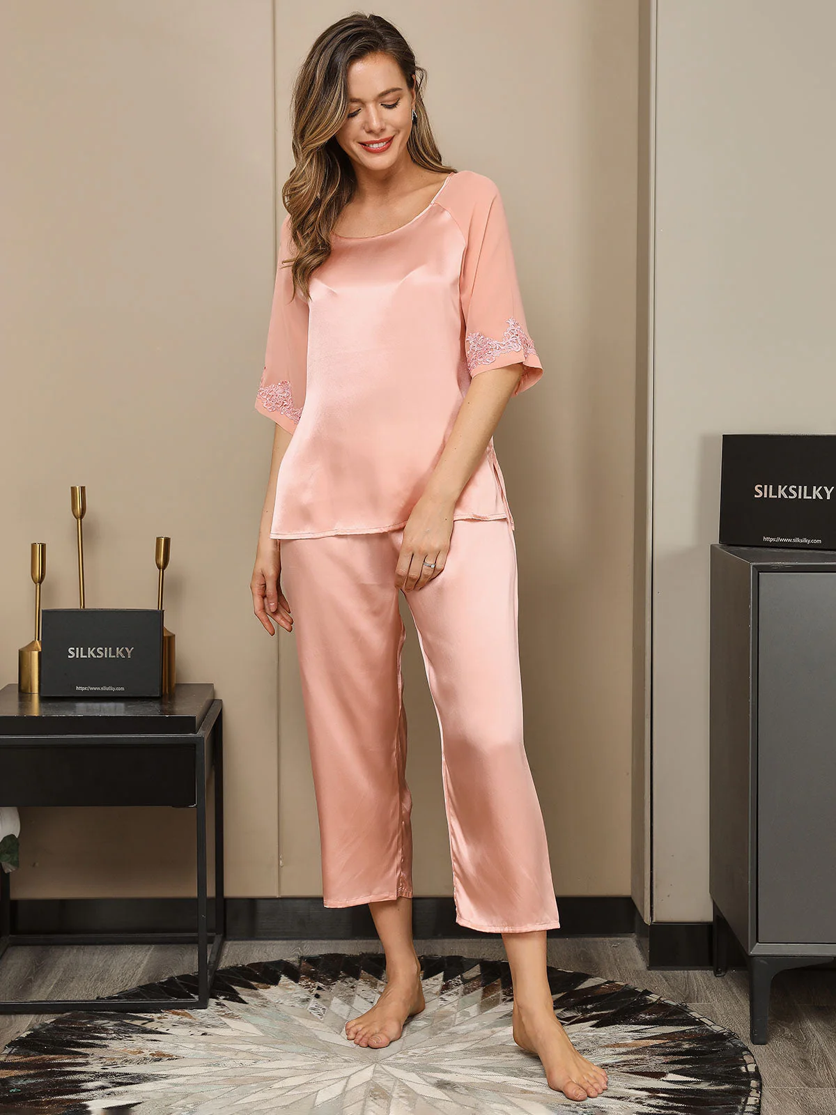 2Pcs Pure Silk Slit Back Pajamas Set - Image 5