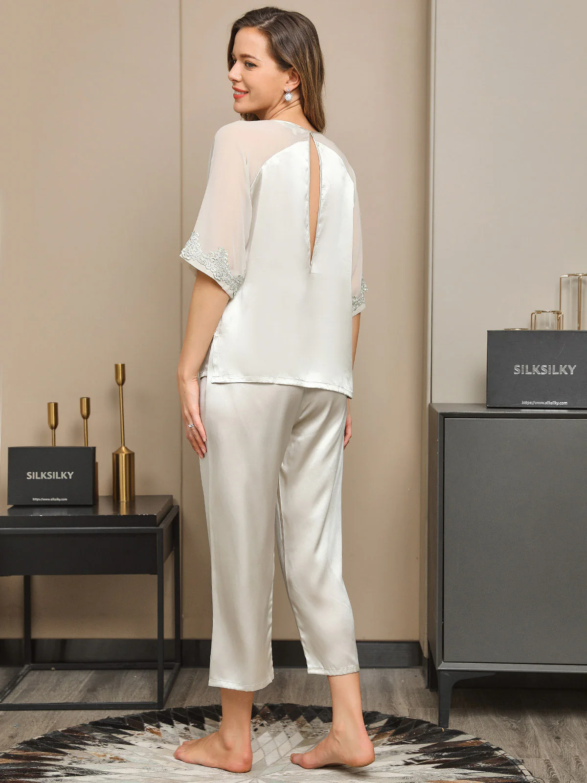 2Pcs Pure Silk Slit Back Pajamas Set - Image 8