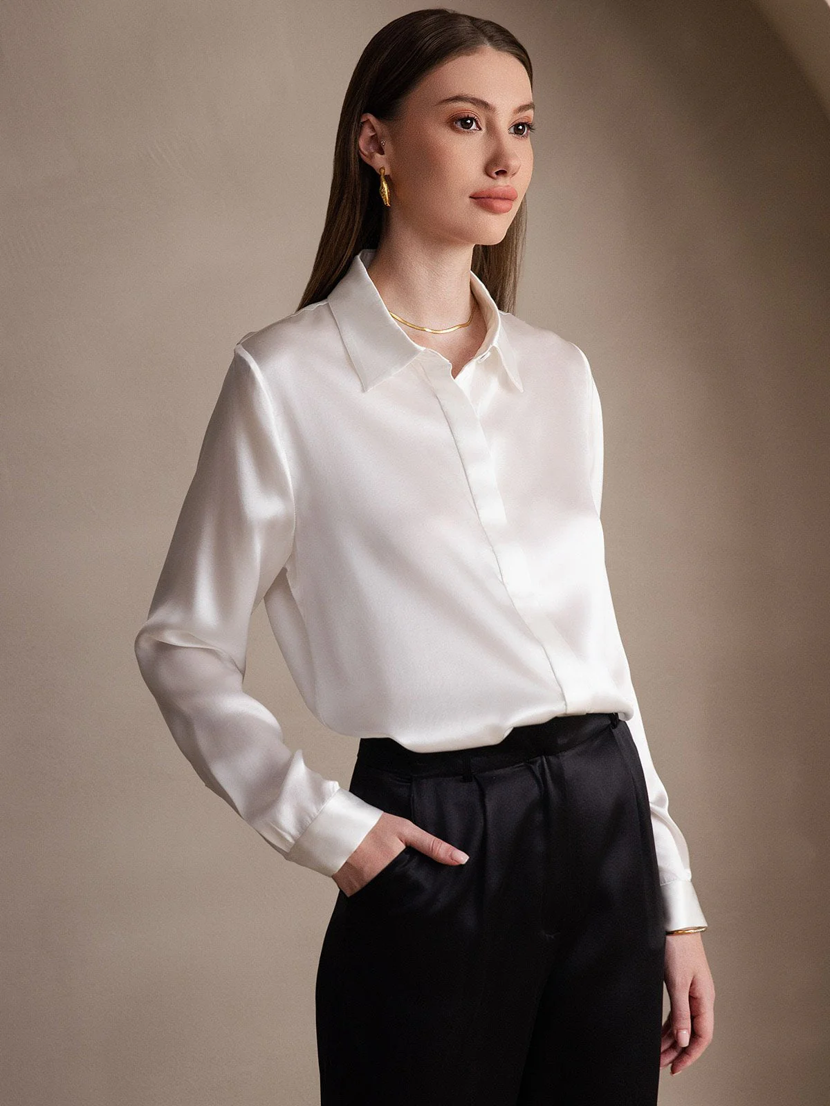 19Momme Silk Long Sleeve Lapel Collar Women's Shirt - Image 10