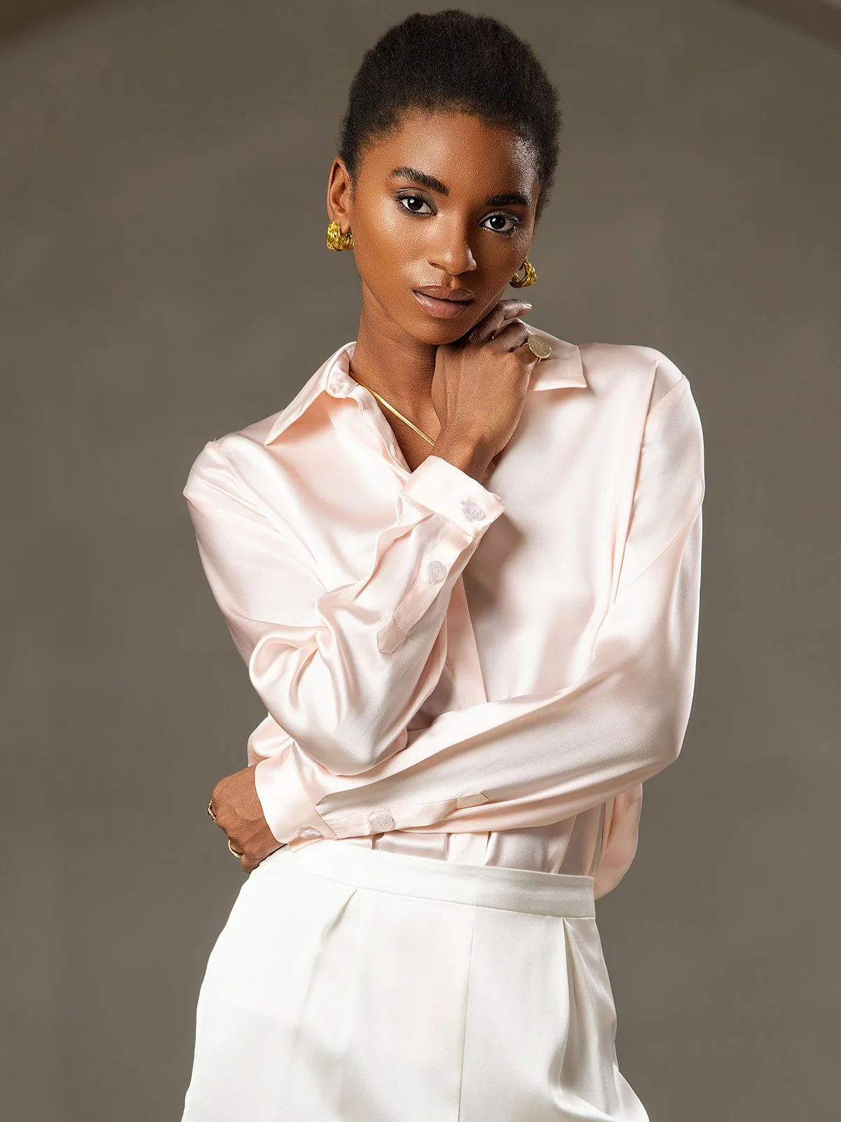 19Momme Silk Long Sleeve Lapel Collar Women's Shirt - Image 16