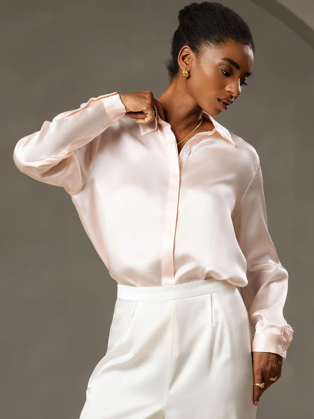 19Momme Silk Long Sleeve Lapel Collar Women's Shirt - Image 18