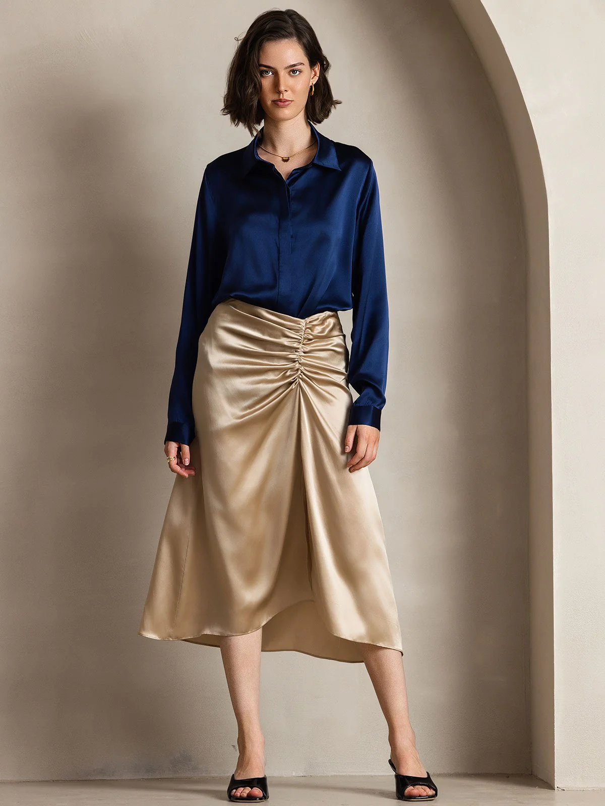 19Momme Silk Long Sleeve Lapel Collar Women's Shirt - Image 28