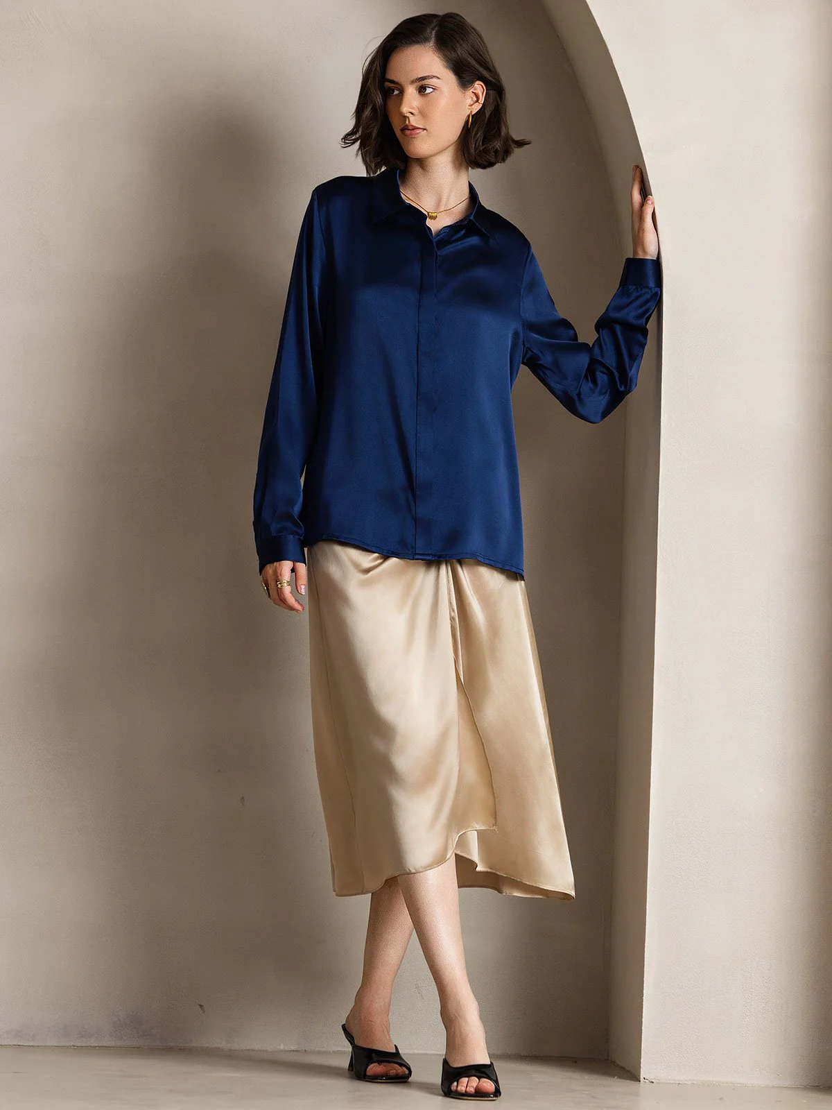 19Momme Silk Long Sleeve Lapel Collar Women's Shirt - Image 32