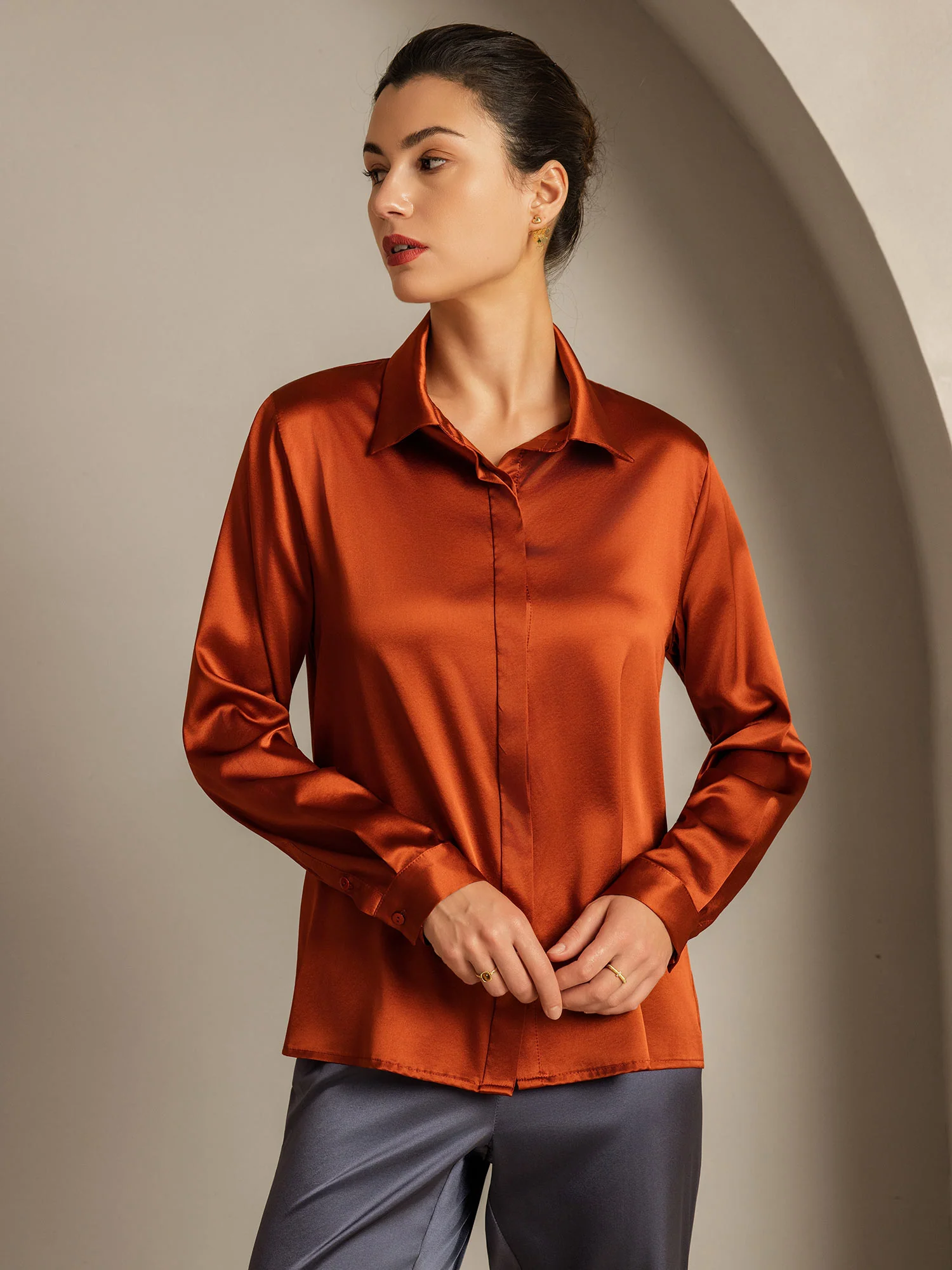 19Momme Silk Long Sleeve Lapel Collar Women's Shirt - Image 34