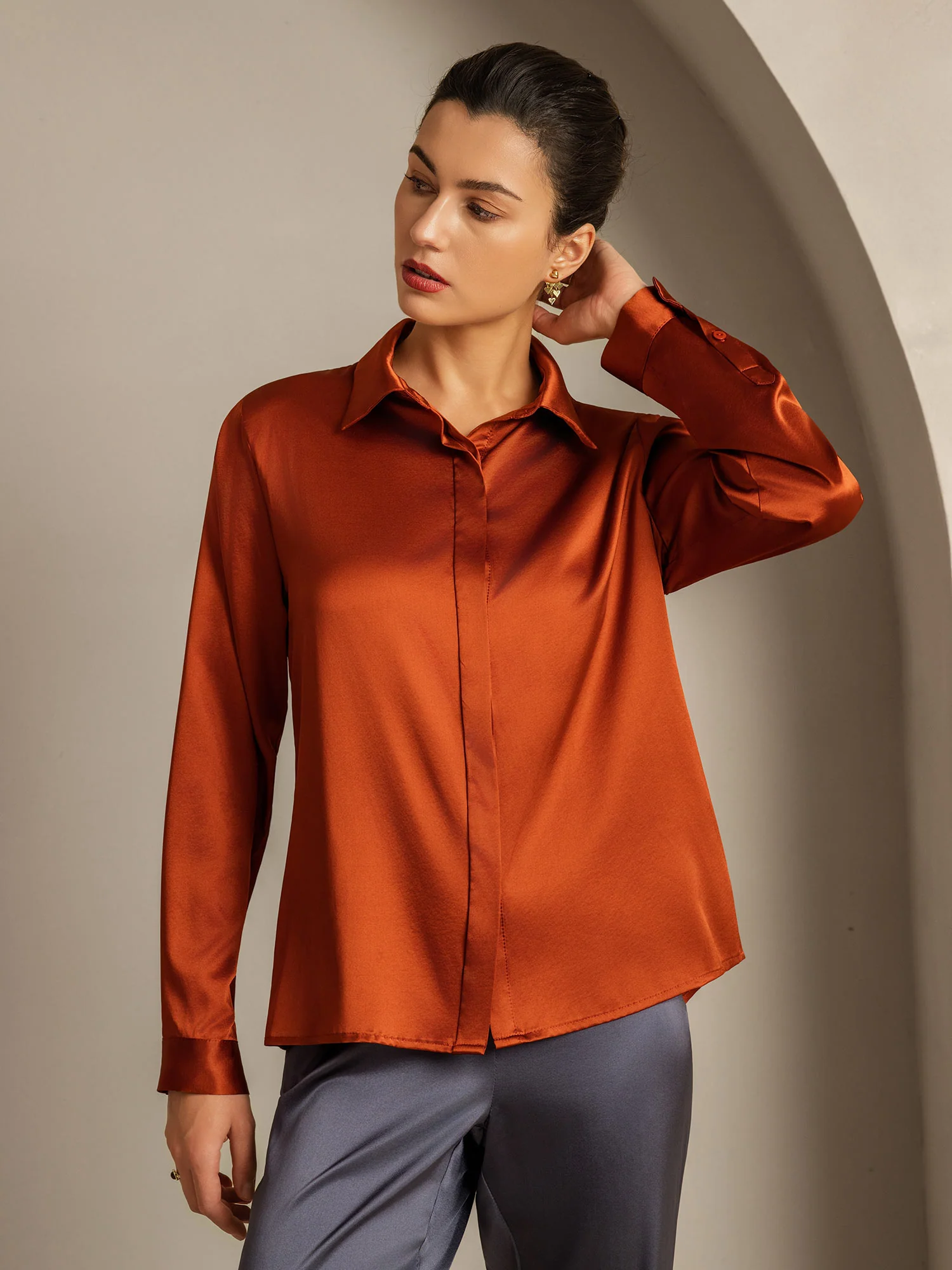 19Momme Silk Long Sleeve Lapel Collar Women's Shirt - Image 37