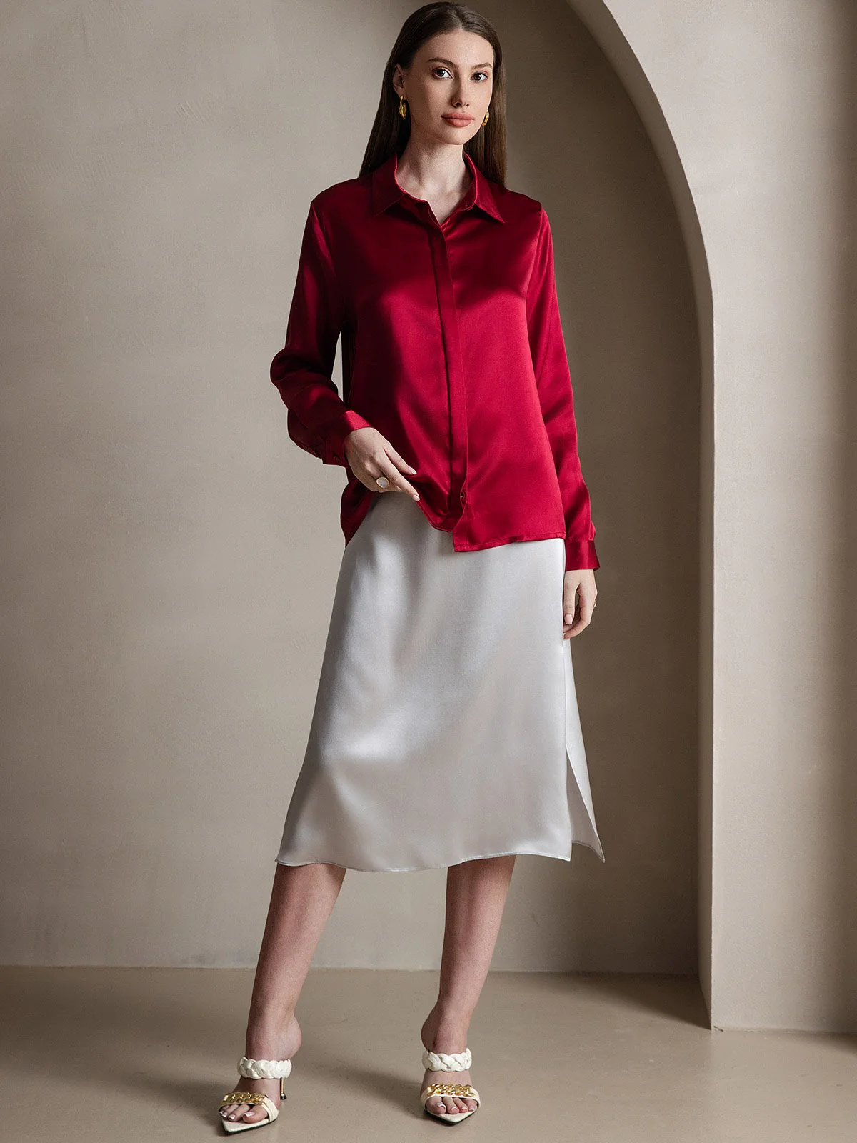 19Momme Silk Long Sleeve Lapel Collar Women's Shirt - Image 48