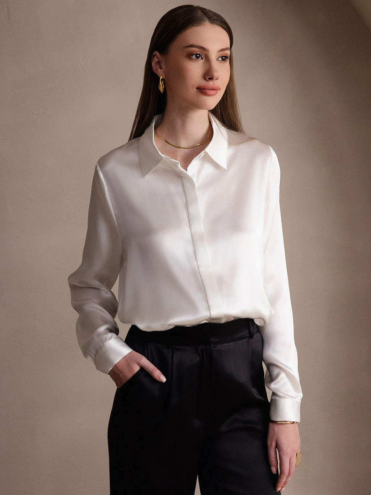 19Momme Silk Long Sleeve Lapel Collar Women's Shirt - Image 7