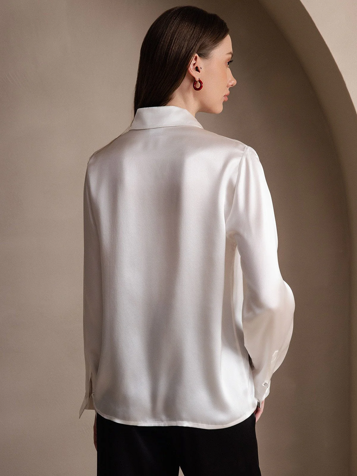 19Momme Silk Long Sleeve Lapel Collar Women's Shirt - Image 8