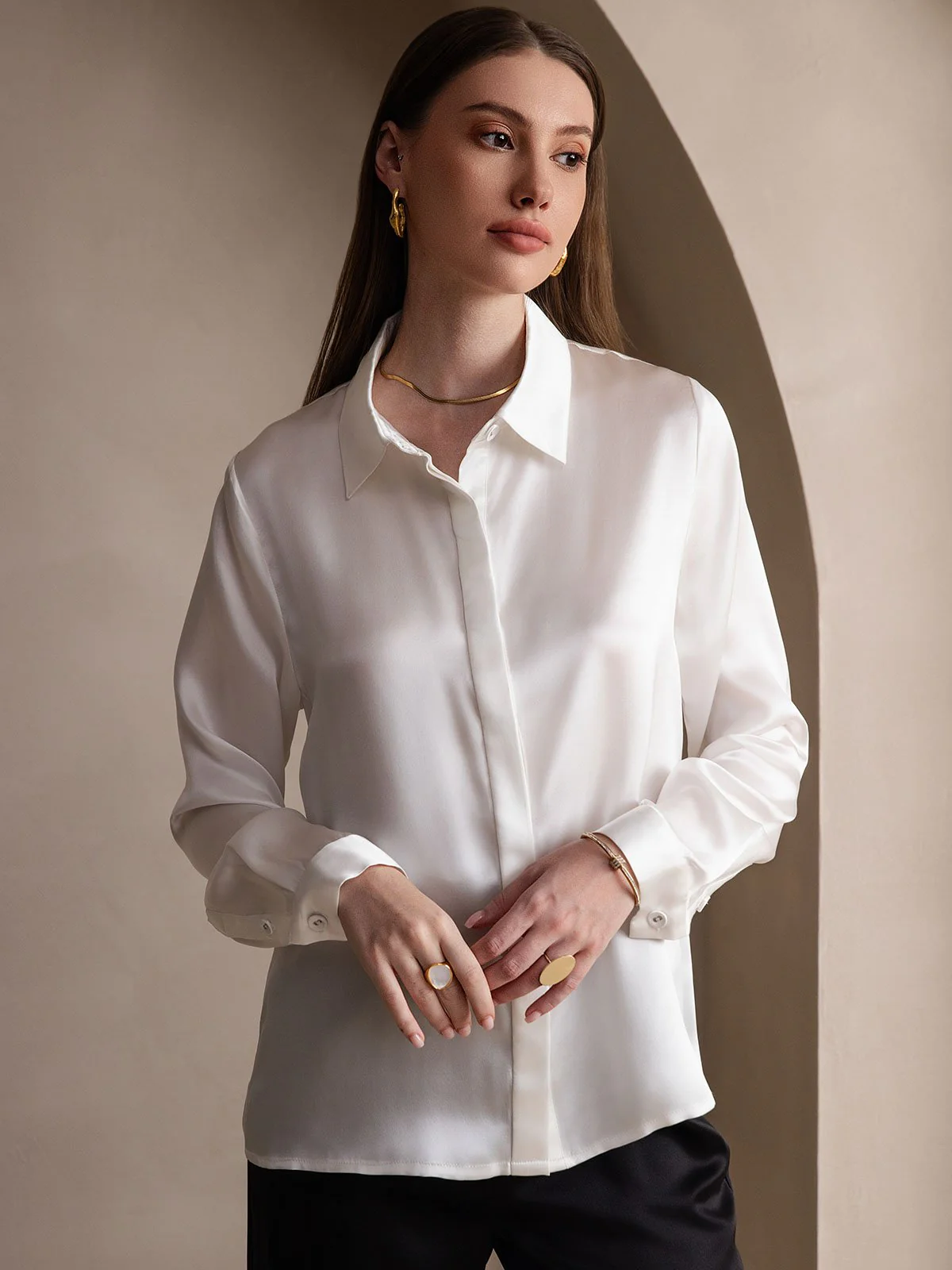 19Momme Silk Long Sleeve Lapel Collar Women's Shirt - Image 9
