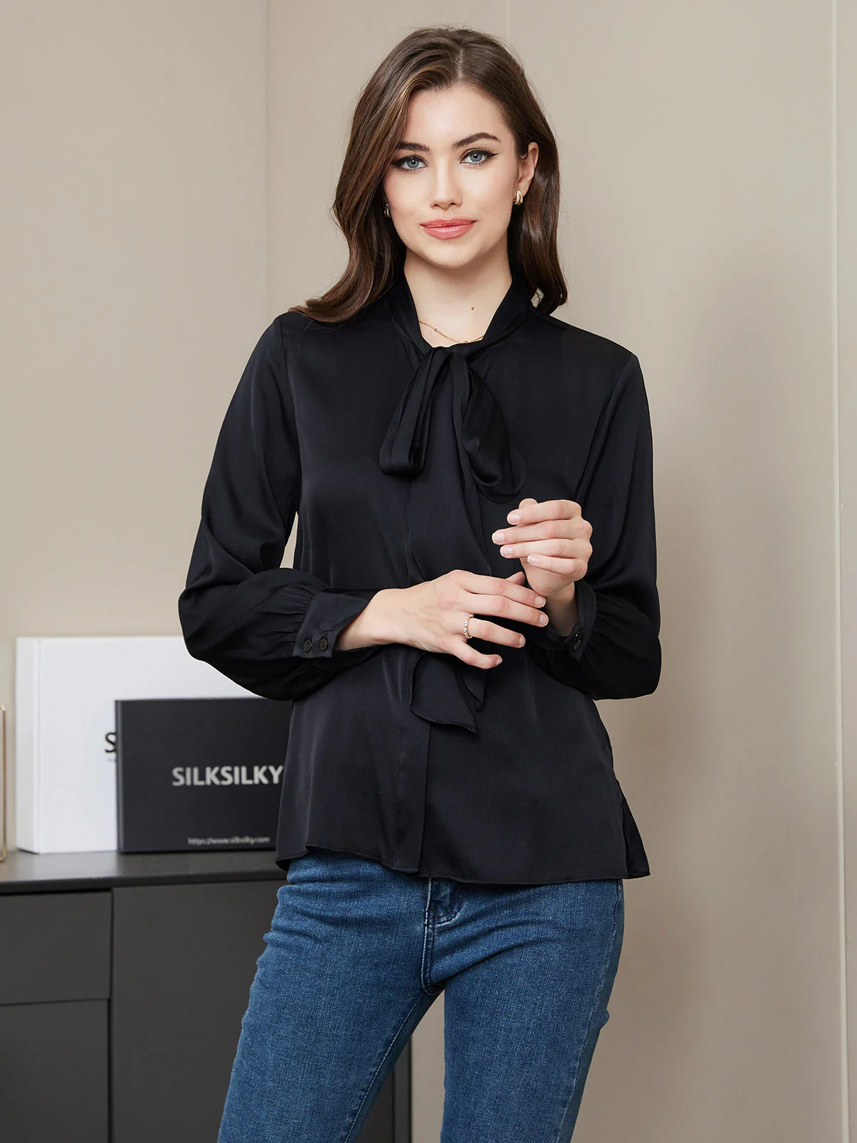 Bow Tie Silk Blouse Shirt - Image 10