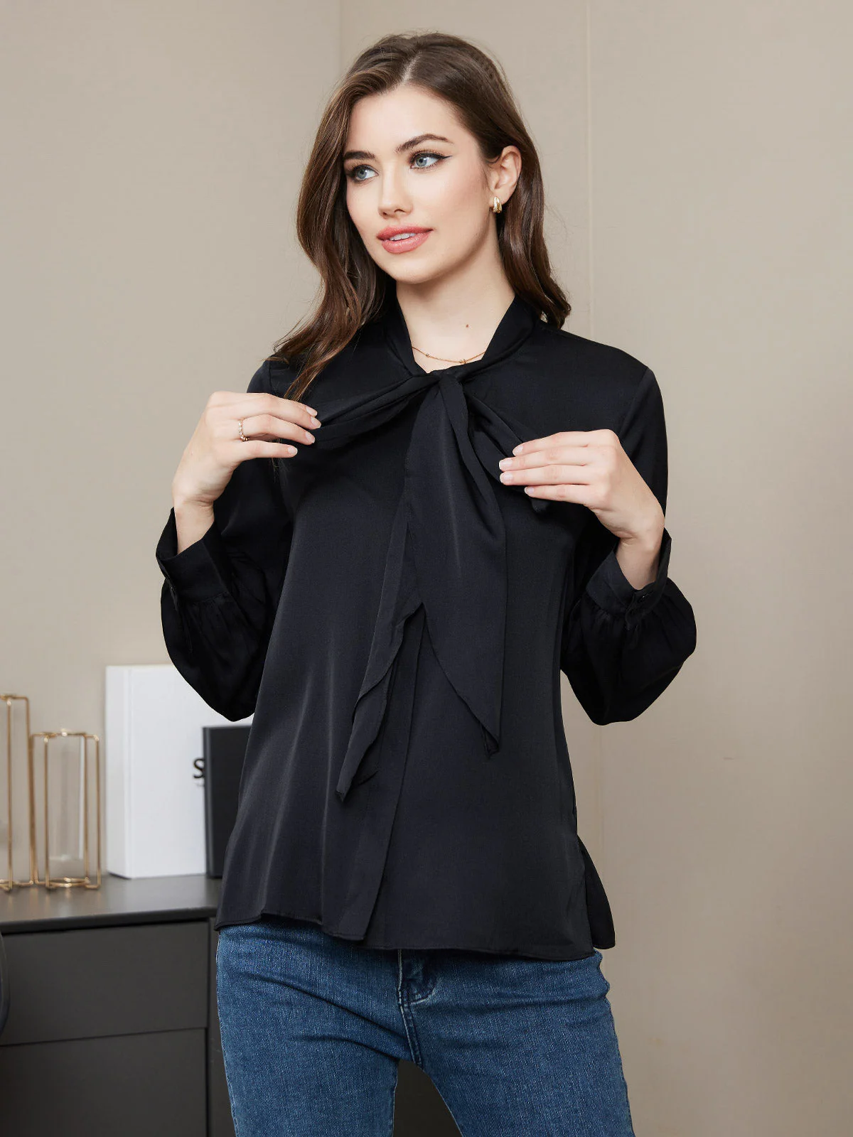 Bow Tie Silk Blouse Shirt - Image 11