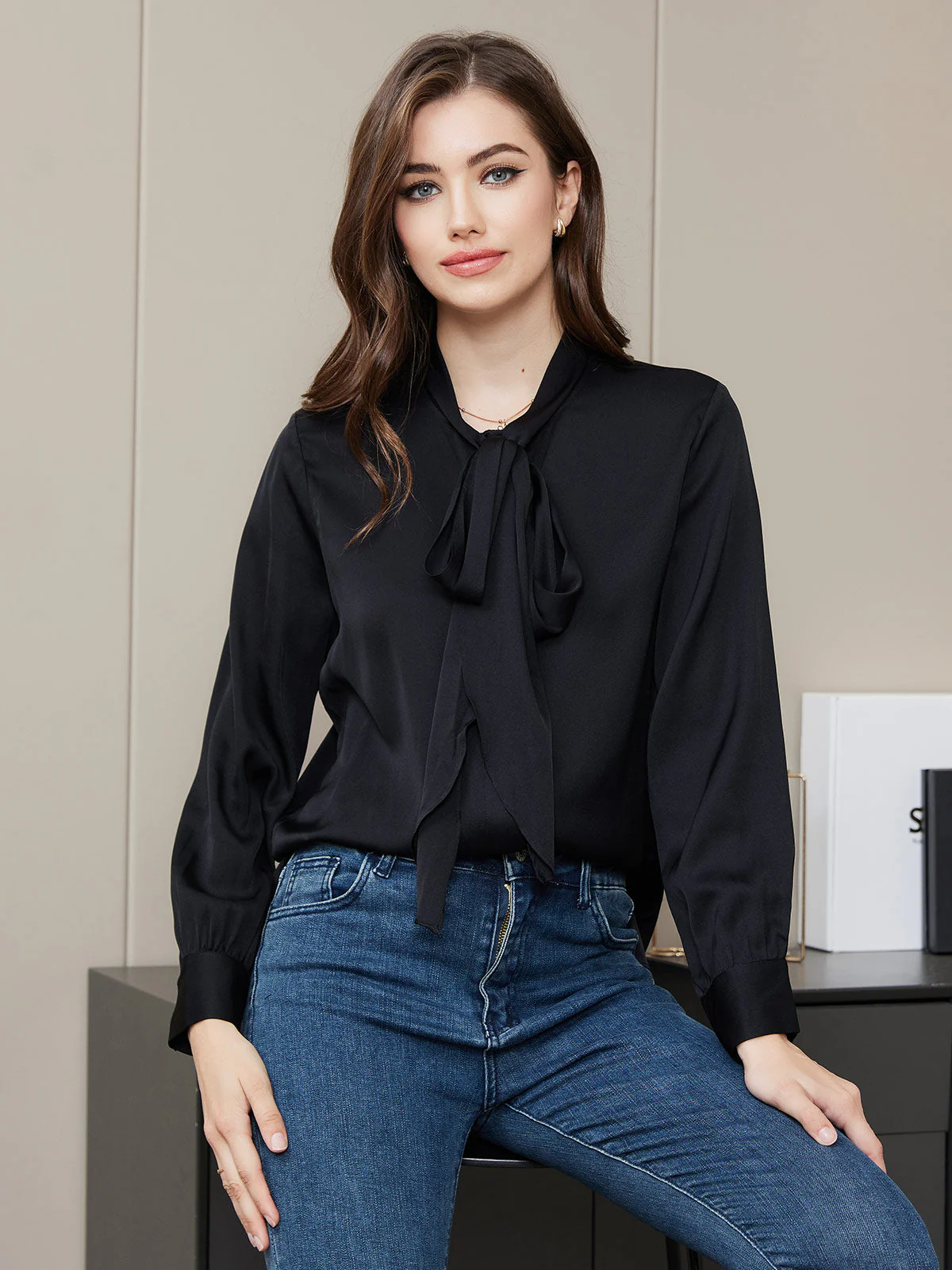 Bow Tie Silk Blouse Shirt - Image 9