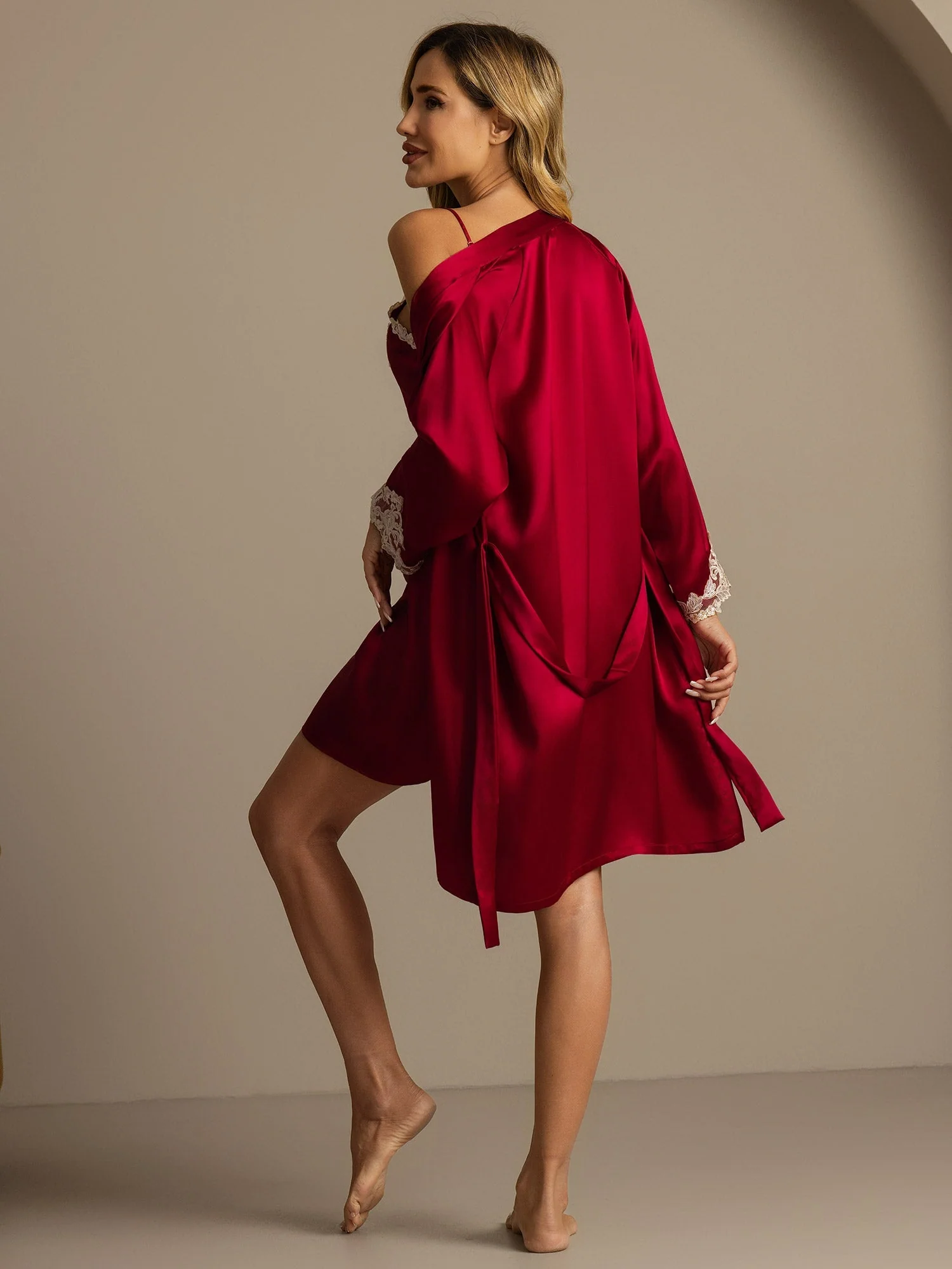 Elegant 100% Mulberry Silk Lace Trim Nightgown & Robe Set 2Pcs - Image 20