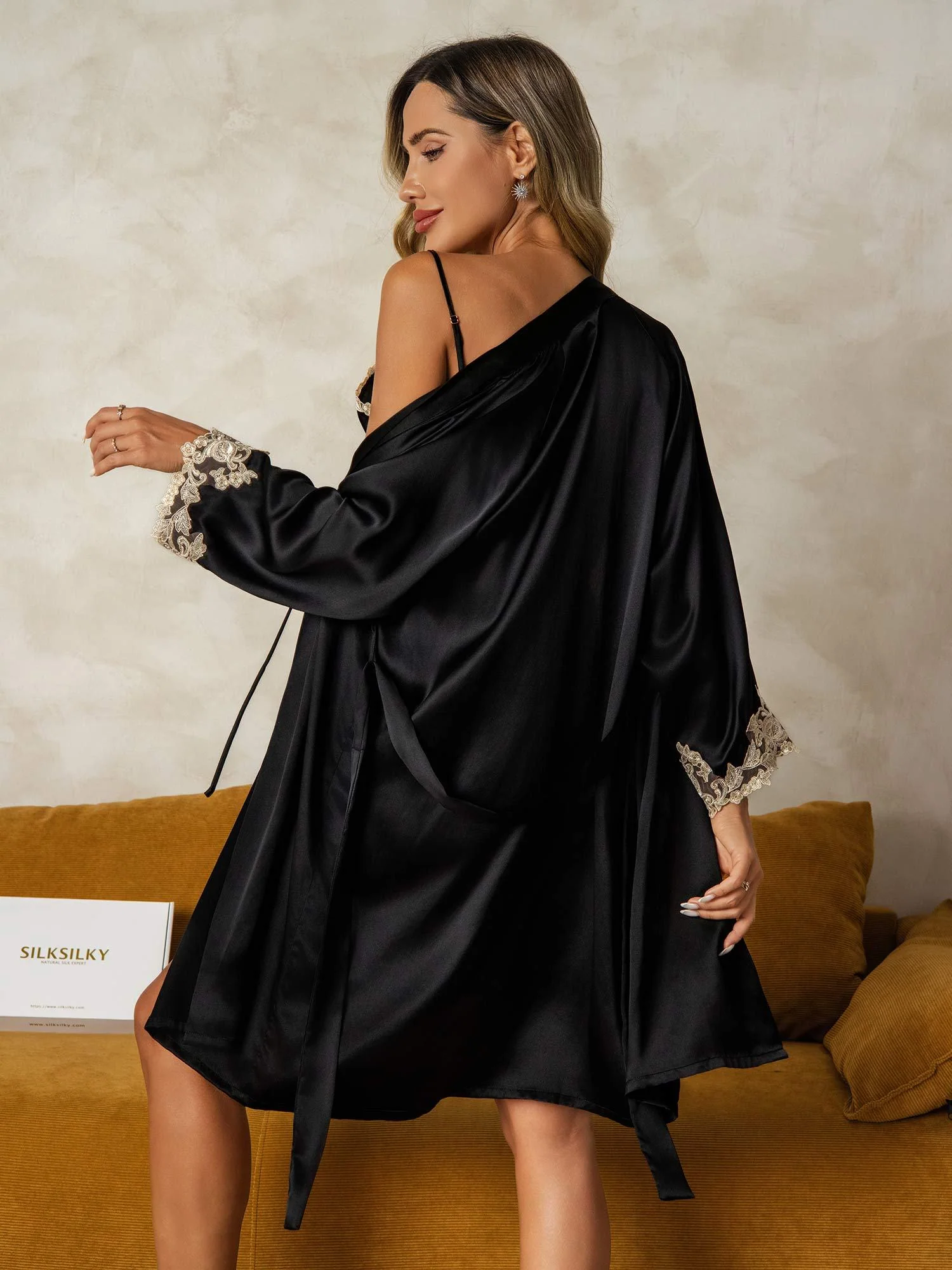 Elegant 100% Mulberry Silk Lace Trim Nightgown & Robe Set 2Pcs - Image 8