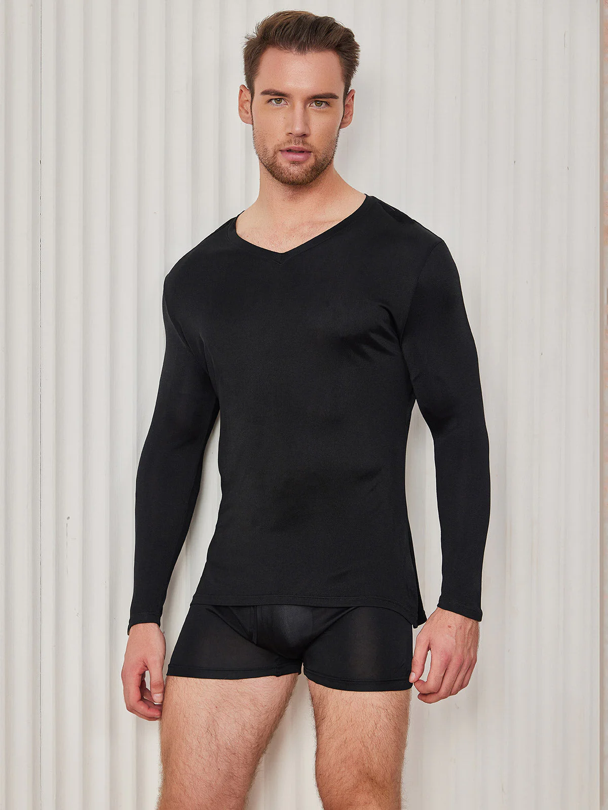 Mens V-Neck Long Sleeve Silk Knitted Tee - Image 3