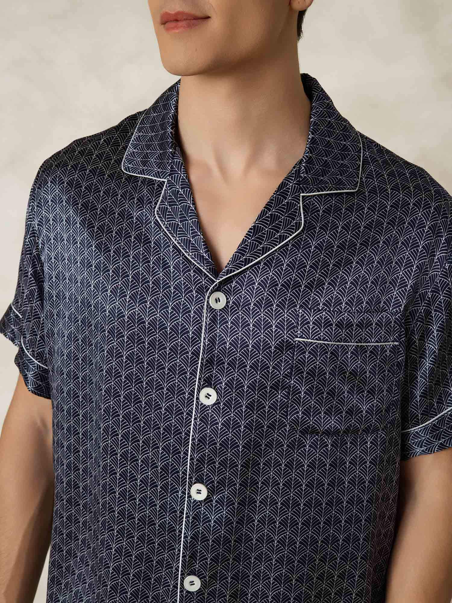 Men's Pure Silk Navy Ginkgo Print Short Sleeve Pajamas Set with Pants - Image 7