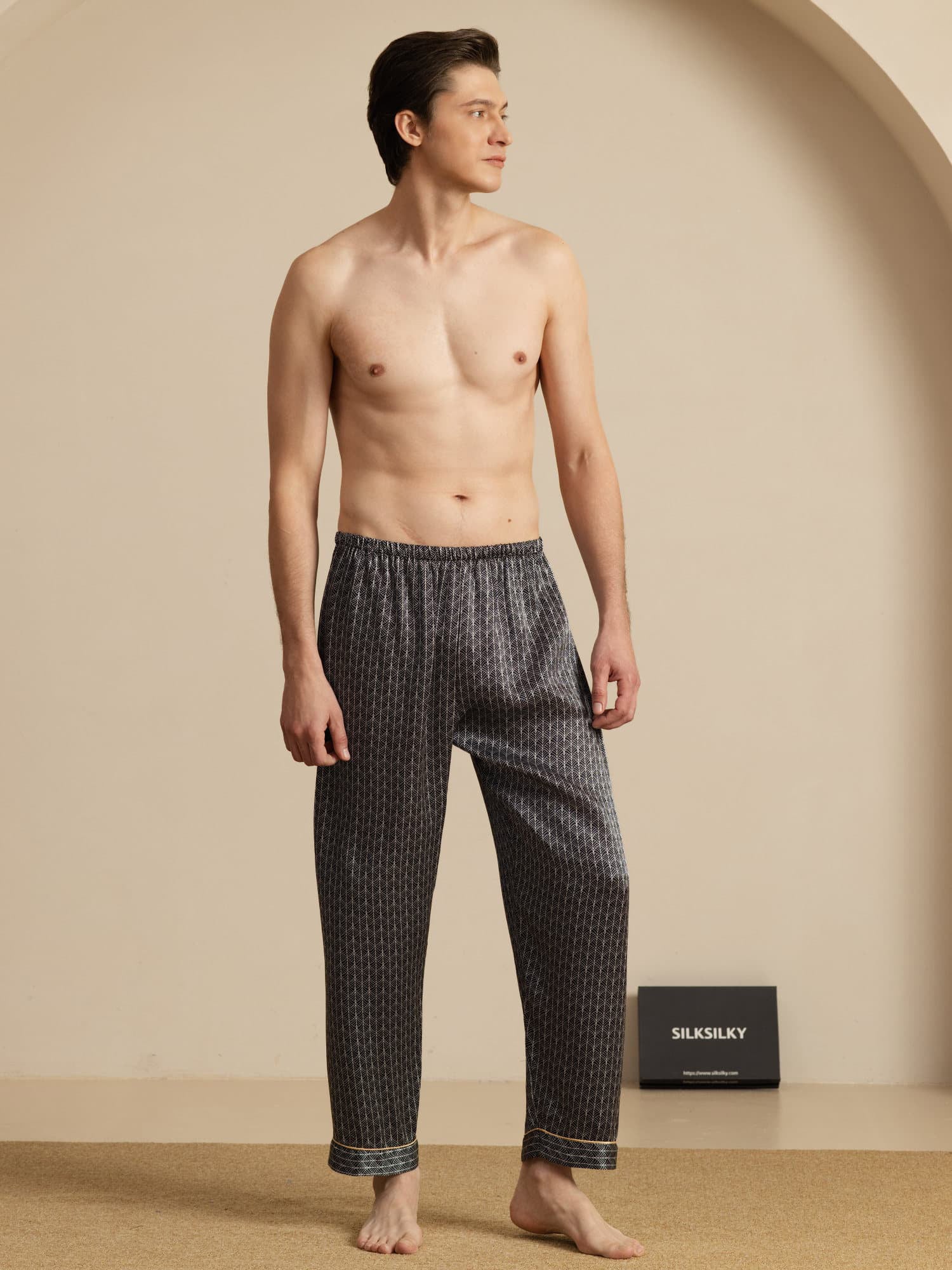 Men's Pure Silk Navy Ginkgo Print Sleep Pants with Elastic Waist - Image 10
