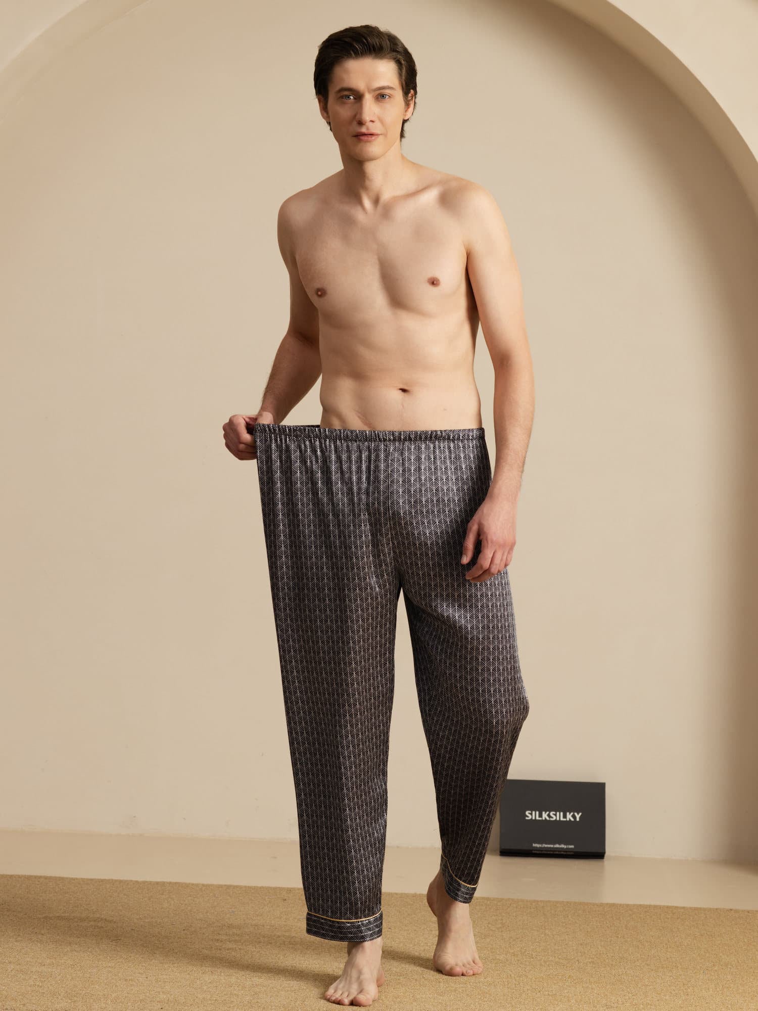 Men's Pure Silk Navy Ginkgo Print Sleep Pants with Elastic Waist - Image 11