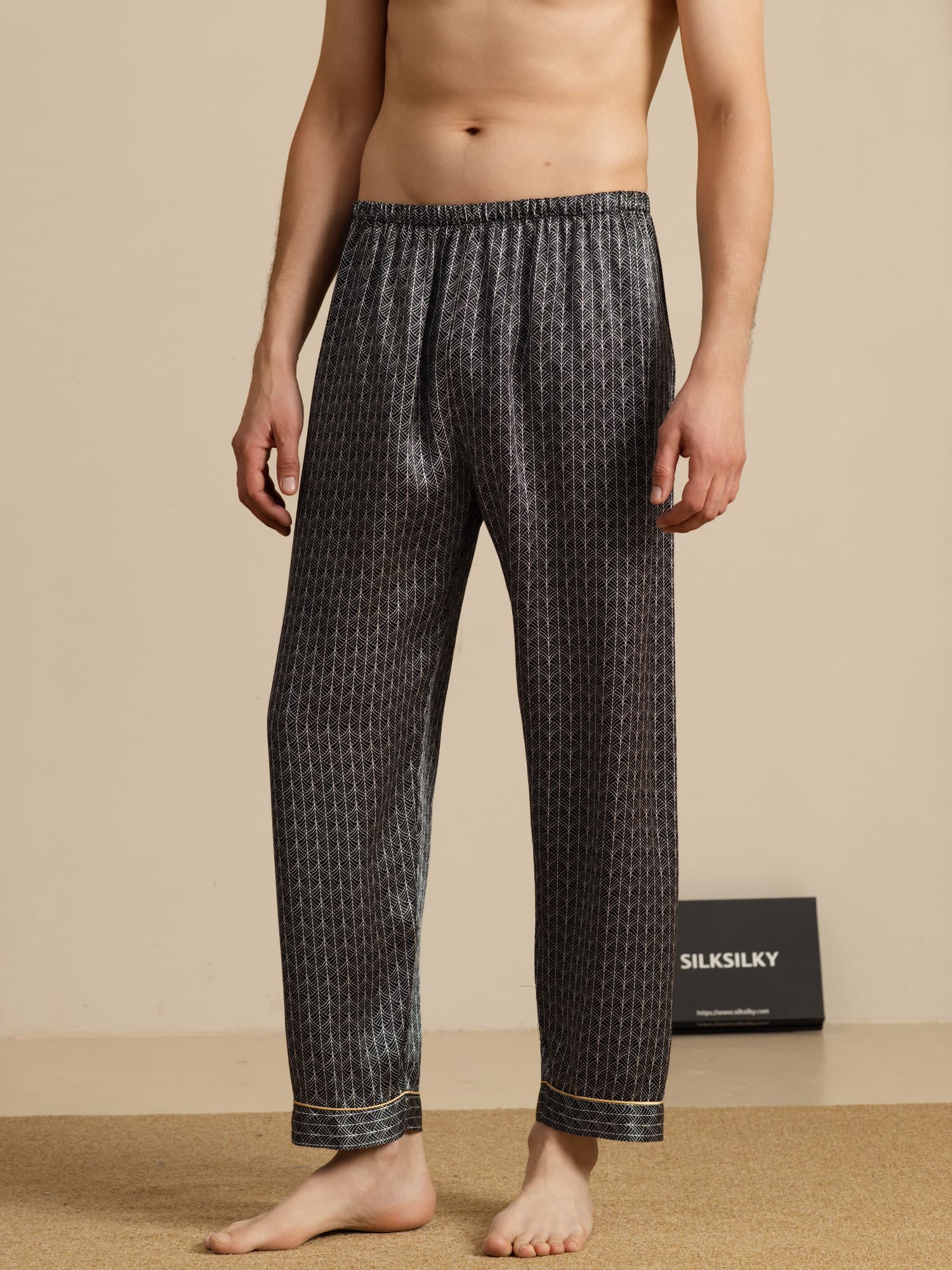 Men's Pure Silk Navy Ginkgo Print Sleep Pants with Elastic Waist - Image 6