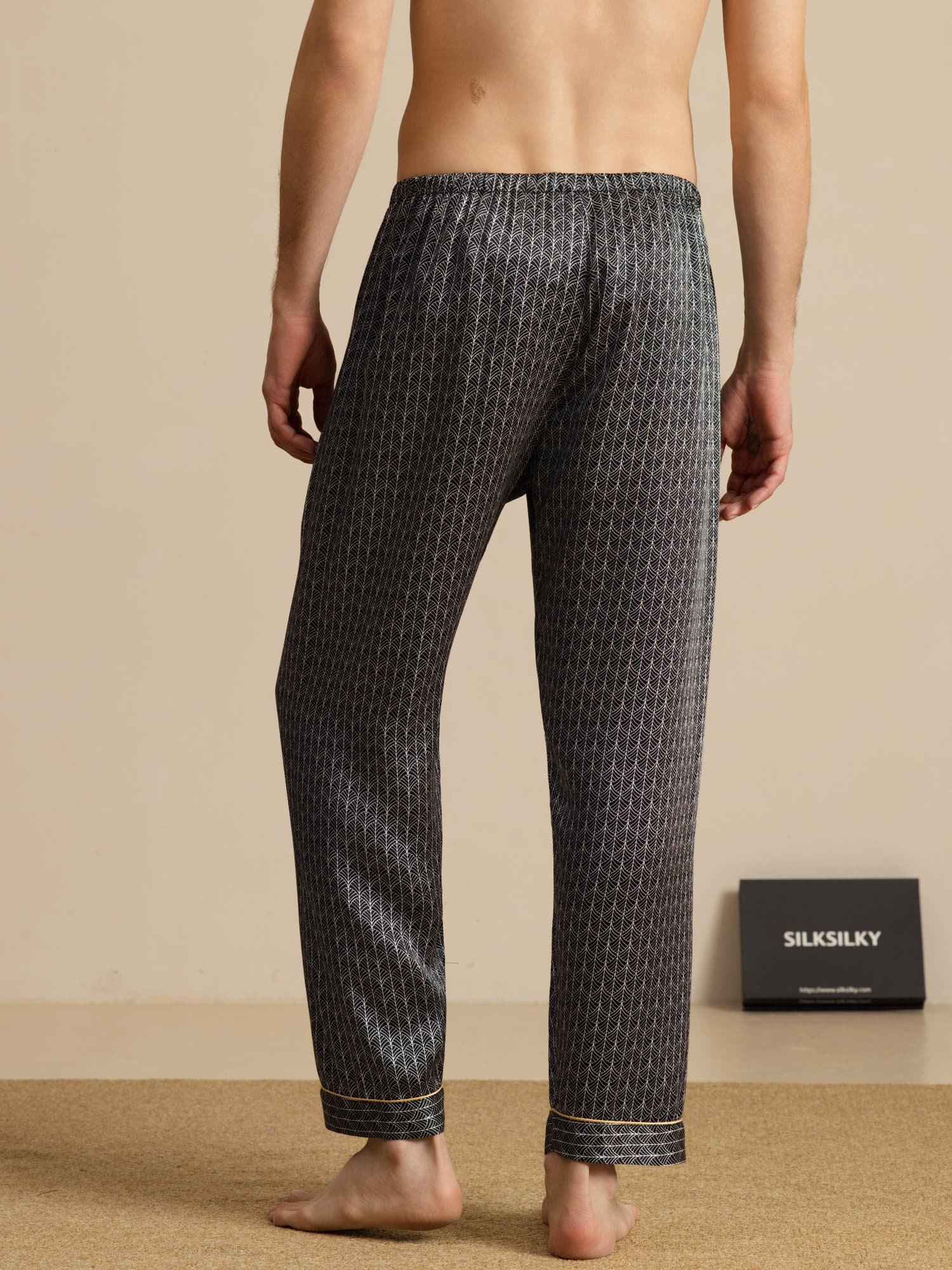 Men's Pure Silk Navy Ginkgo Print Sleep Pants with Elastic Waist - Image 7