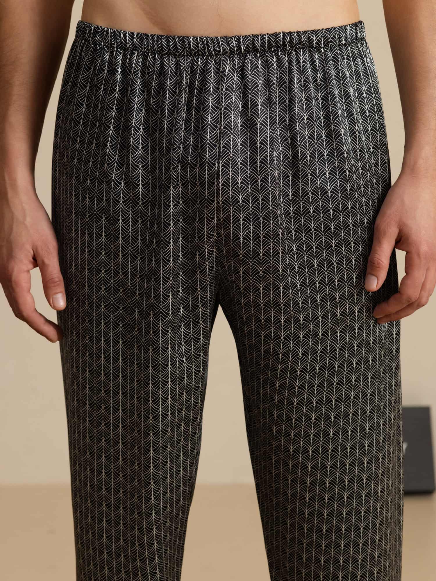 Men's Pure Silk Navy Ginkgo Print Sleep Pants with Elastic Waist - Image 8