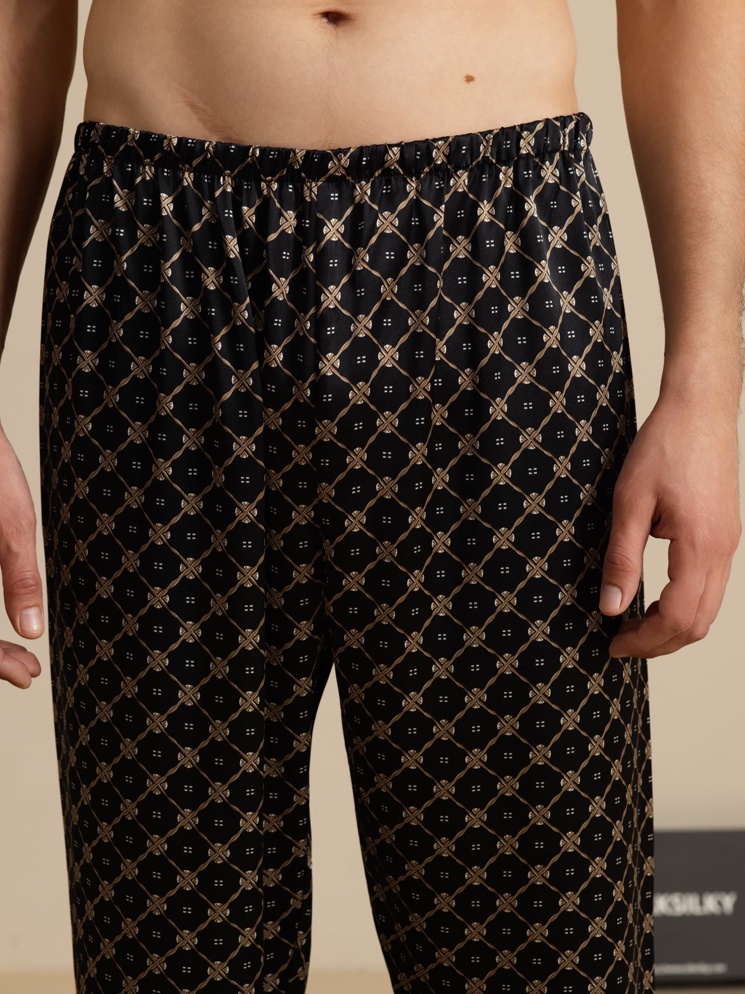 Men's Pure Silk Navy Chain Print Sleep Pants with Elastic Waist - Image 10