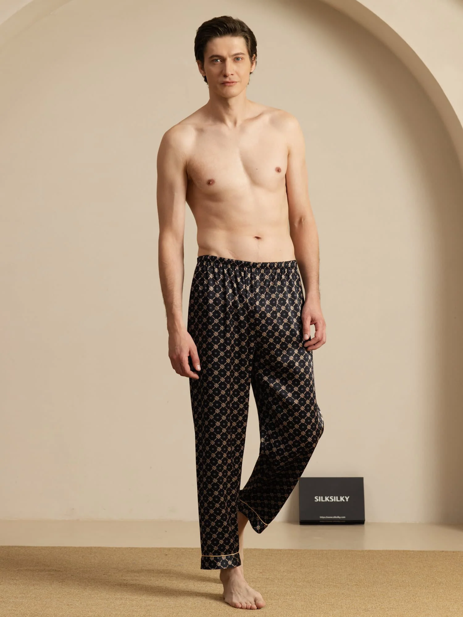 Men's Pure Silk Navy Chain Print Sleep Pants with Elastic Waist - Image 11