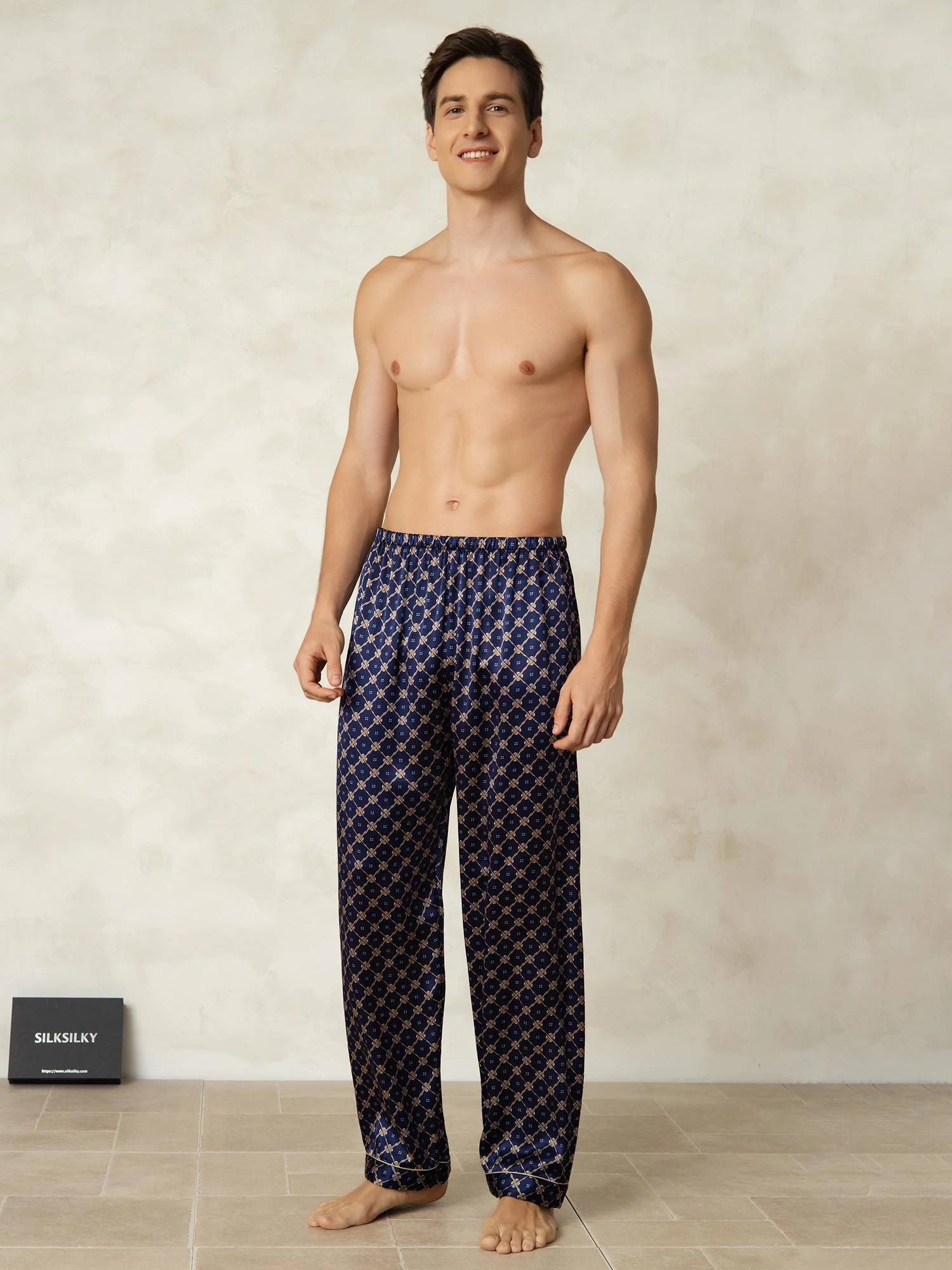 Men's Pure Silk Navy Chain Print Sleep Pants with Elastic Waist - Image 4